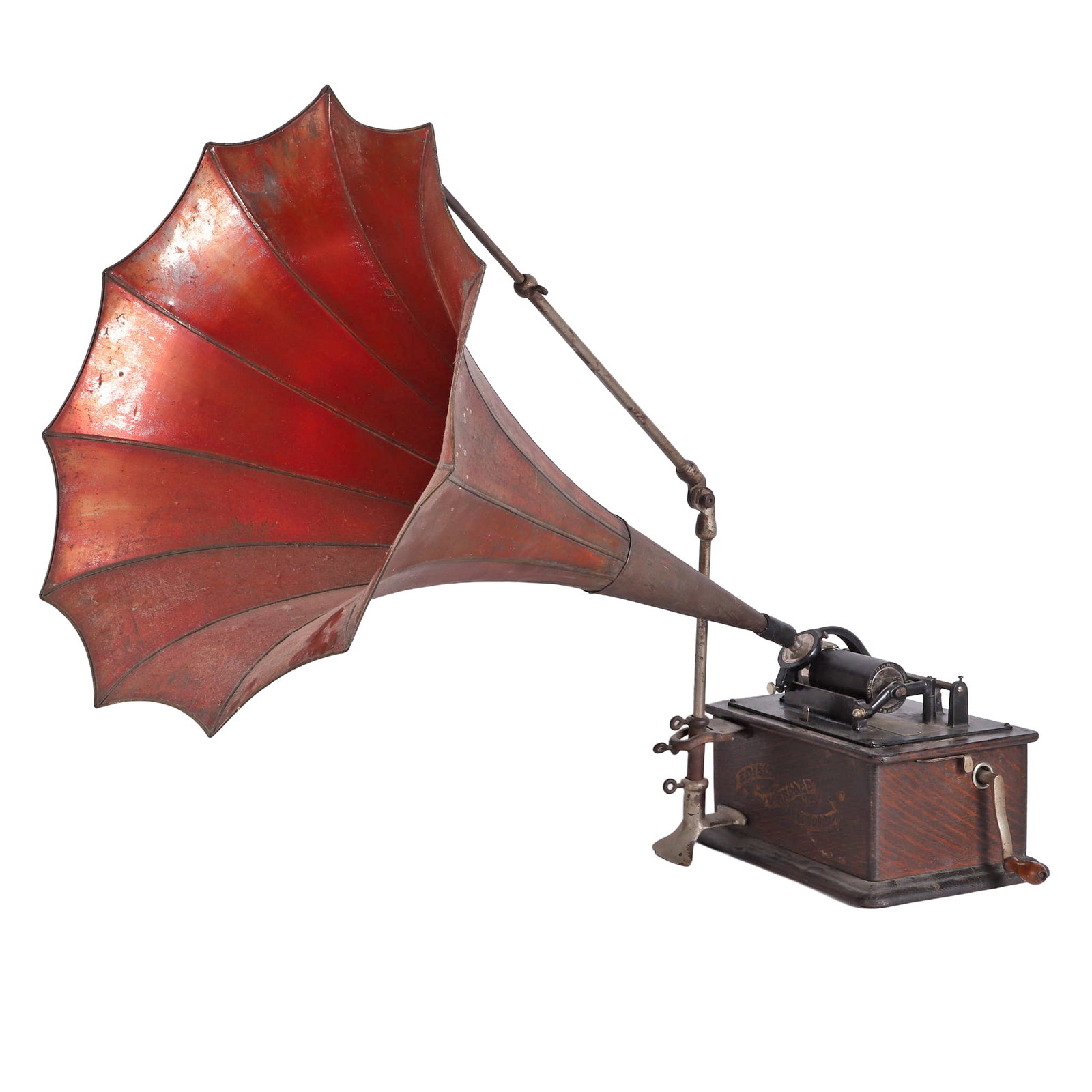 Antique Edison Standard Phonograph W/ Horn: Antique Edison Standard Phonograph W/ Horn Antique Edison 'standard' banner front cylinder phonograph with horn, serial #S324707. Box w/ lid:13"w, 13 3/4"h (without pole) Horn: 30 1/2"l, 22"w
