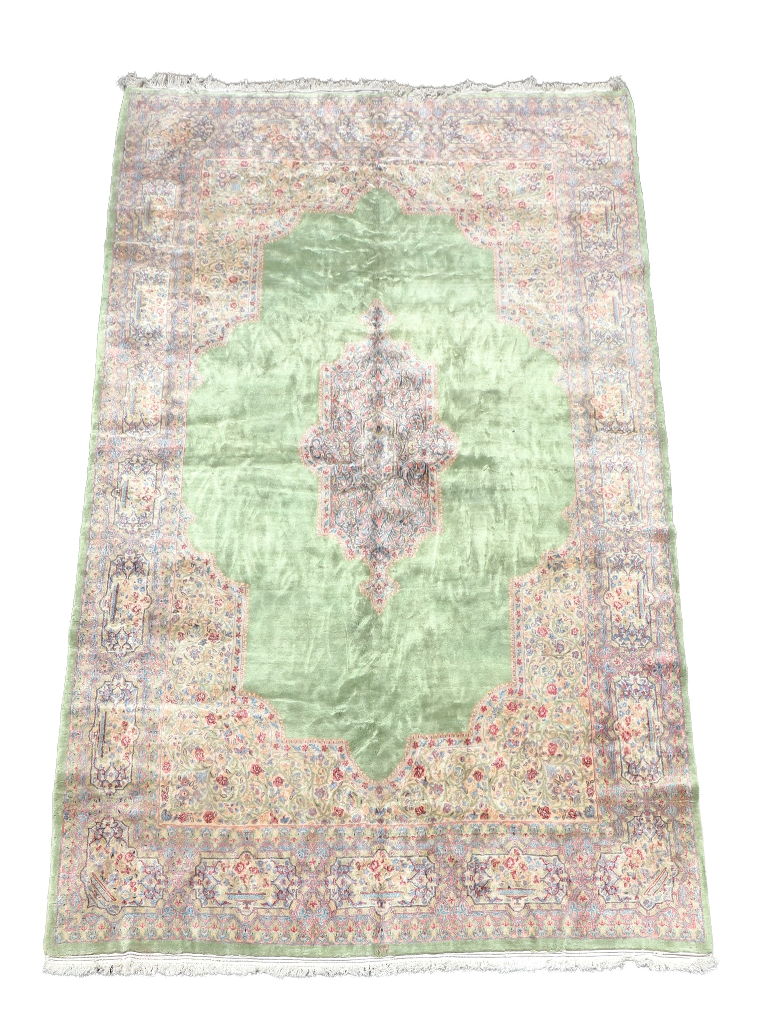 Vintage Green Medallion Kerman Rug, 11' x16': Vintage Green Medallion Kerman Rug, 11' x16' Vintage Green Medallion Kerman Rug, 11' x16'