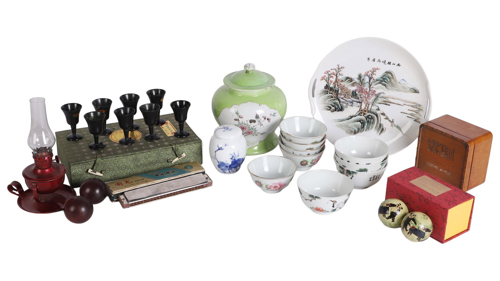 Eclectic Variety Lot Feat. Asian: Eclectic Variety Lot Feat. Asian Eclectic variety lot including: green lidded urn jar with painted birds and six character mark (7 1/4"h), box of (8) spinach jade sake cups, (2) pairs of Chinese medic