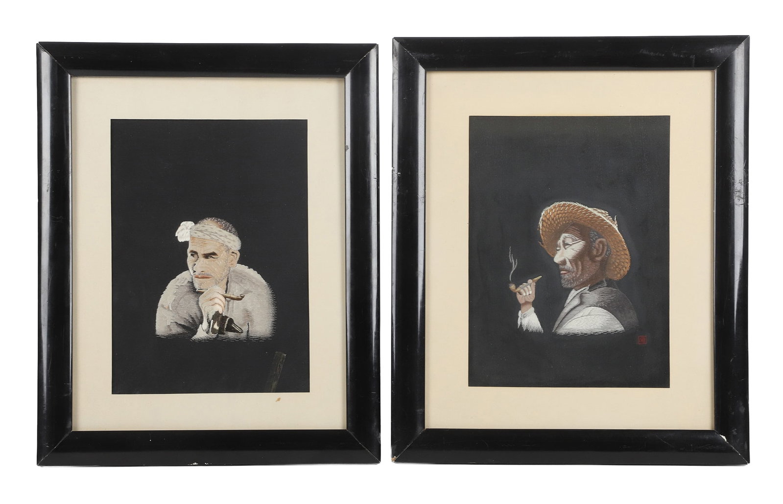 Japanese Silk Portrait Duo: Japanese Silk Portrait Duo (2) Japanese portraits of working men with smoke trailing from their pipes, one marked with red seal at the bottom right. Each measures 15" x 18", 8 3/8" x 11 3/8" site. Por