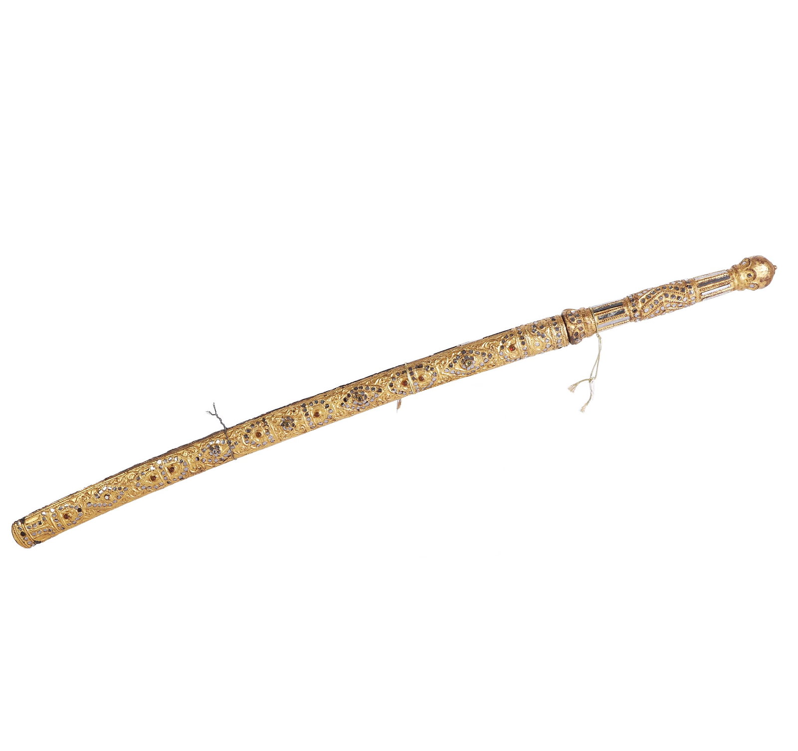 Southeast Asian Dha Style Sword: Southeast Asian Dha Style Sword Decorative Southeast Asian Dha style sword. Gilt wood handle & scabbard elaborately decorated in reflective glass & stones, figural art at base of blade, still with som
