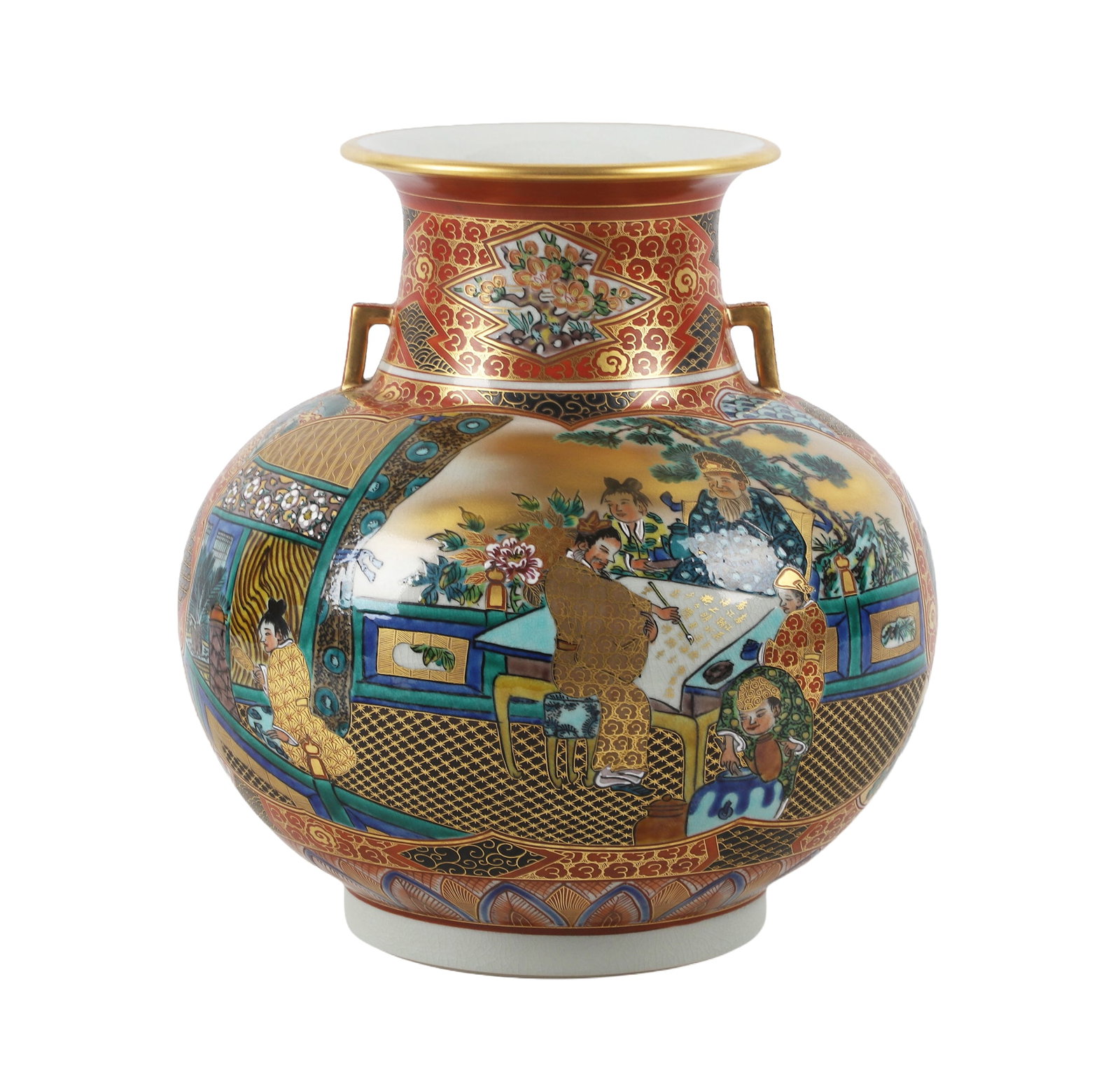 Large Japanese Kutani Porcelain Vase: Large Japanese Kutani Porcelain Vase Large Japanese Kutani porcelain vase, two handles, makers mark at underside. 12 3/4"h, 11 1/2"w