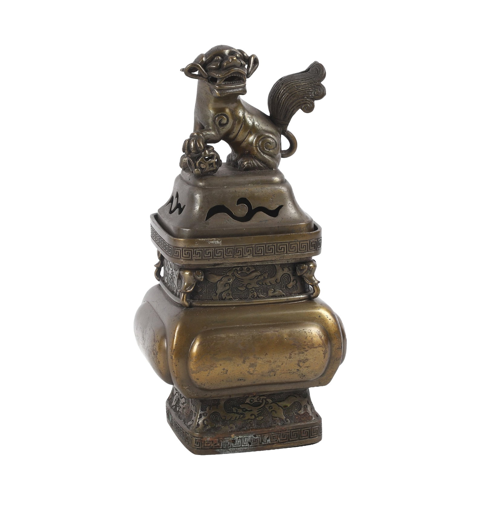 Japanese Bronze Censer: Japanese Bronze Censer Japanese bronze censer with Foo Dog finial. 11 3/4"H, 5 3/4"W