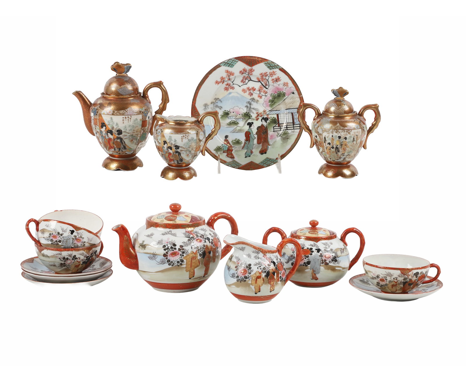 (11) Japanese Geisha Pattern Tea Wares: (11) Japanese Geisha Pattern Tea Wares (11) Pieces of Geisha pattern tea wares across two distinct sets: Set 1) Teapot, creamer, sugar, small plate. Shows gilt finish 9 character mark at base, plate 7