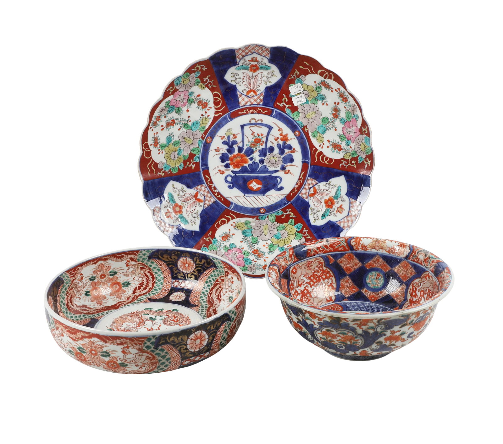 (3) Japanese Imari Wares: (3) Japanese Imari Wares (3) Large size Japanese Imari wares including: 1) 11"W x 4 3/4"H fruit bowl. 2) 12"H x 4'W squat bowl. 3) 16 1/4"W plate.