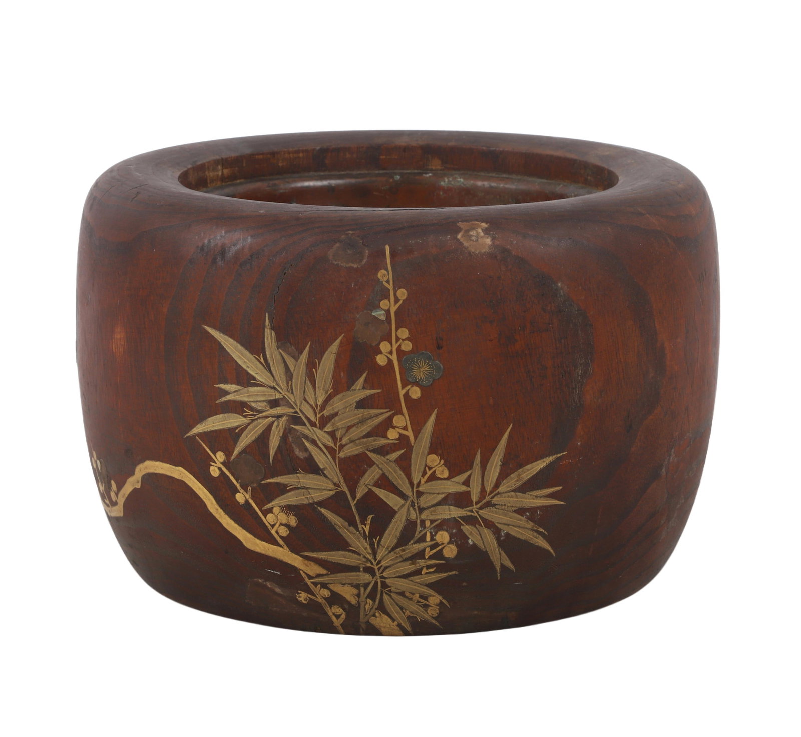 Japanese Lacquered Wood Planter/Hibachi: Japanese Lacquered Wood Planter/Hibachi Japanese lacquered wood planter/hibachi with pine branch, 12"W x 8 1/2"H