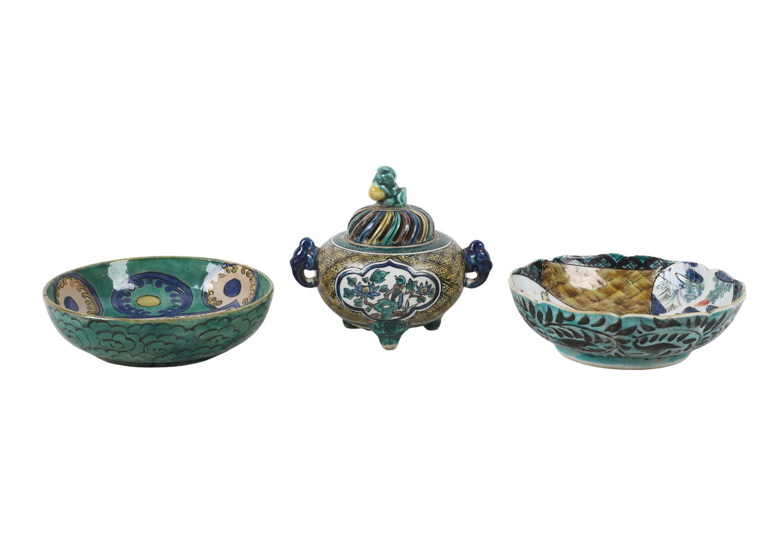 (3) Japanese Kutani Incense & Bowls: (3) Japanese Kutani Incense & Bowls (3) Lot of Japanese Kutani wares including a 4 1/2"H incense burner w/ bird & flower motif and pierced lid as well as (2) small bowls with unique designs, each appr