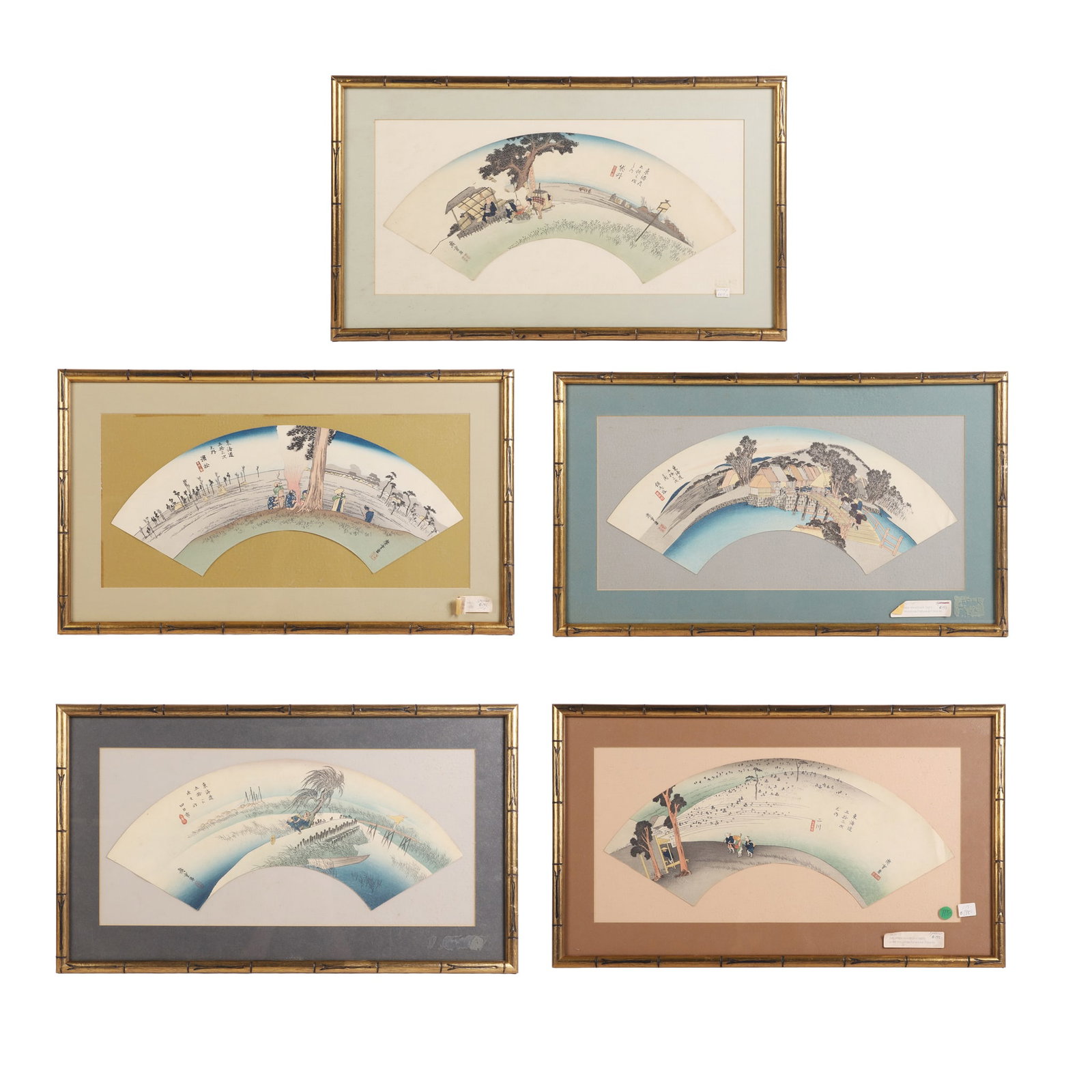 (5) Framed Japanese Fan Shaped Woodblock Prints: (5) Framed Japanese Fan Shaped Woodblock Prints Mid 20th C. reproductions. Framed under glass. 15.25" H x 26.25" W frames.