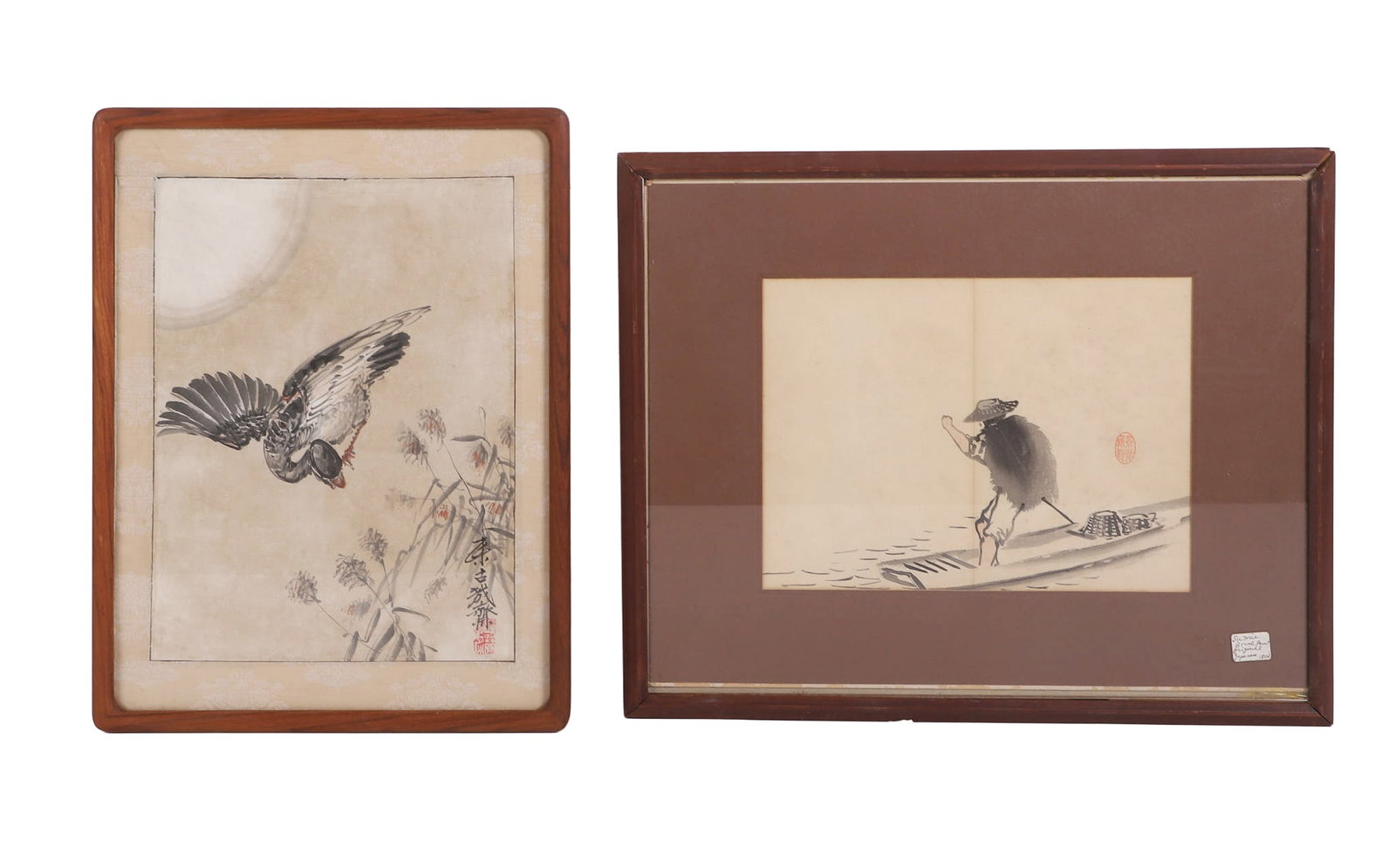 (2) Antique Japanese Inkwash Paintings: (2) Antique Japanese Inkwash Paintings (2) Sumi-e vignettes, a man in a boat, and a bird in flight. Each bearing a chop stamp. Framed under glass. Larger frame measuring 15.5" H x 19.5" W. Larger imag