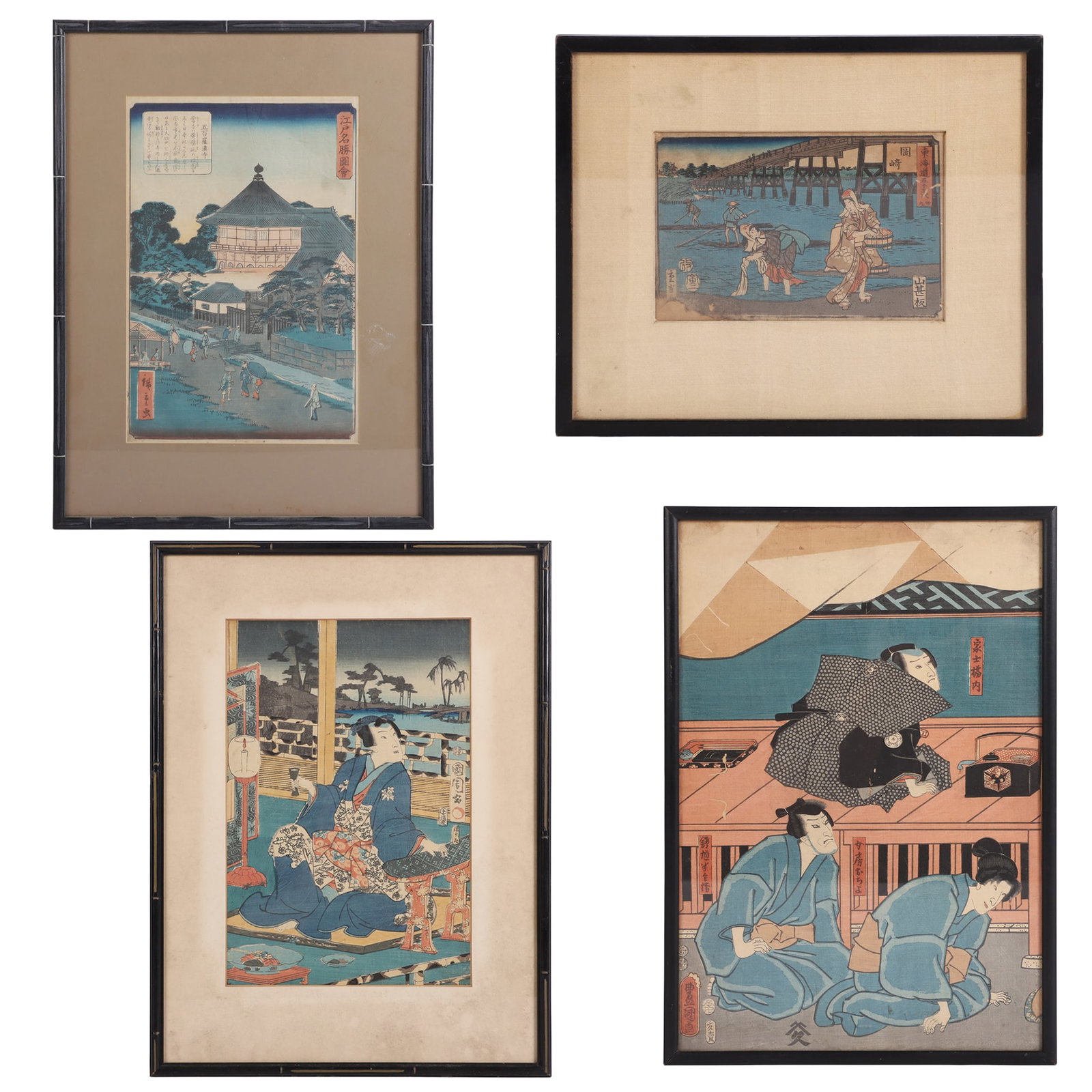 (4) Japanese Woodblock Prints: (4) Japanese Woodblock Prints Ukiyo-e works including Utagawa Hiroshige, Toyokuni, and Kunichika. Each framed under glass. largest frame, 20" H x 15" W. Largest image, 14" H x 10" W (Toyokuni)