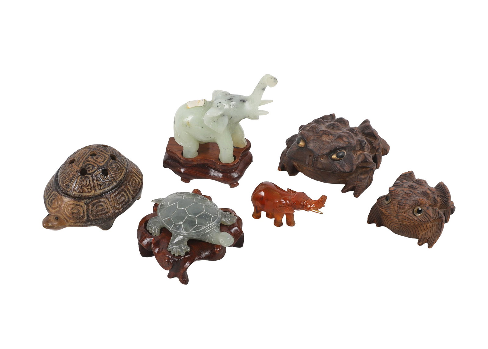 (6) Asian Miniature Animal Figurines: (6) Asian Miniature Animal Figurines (6) Assortment of Asian hand made animal figurines including frogs, turtles & elephants in various materials Jade elephant 3 1/2"H on base, largest frog 3 3/4"L