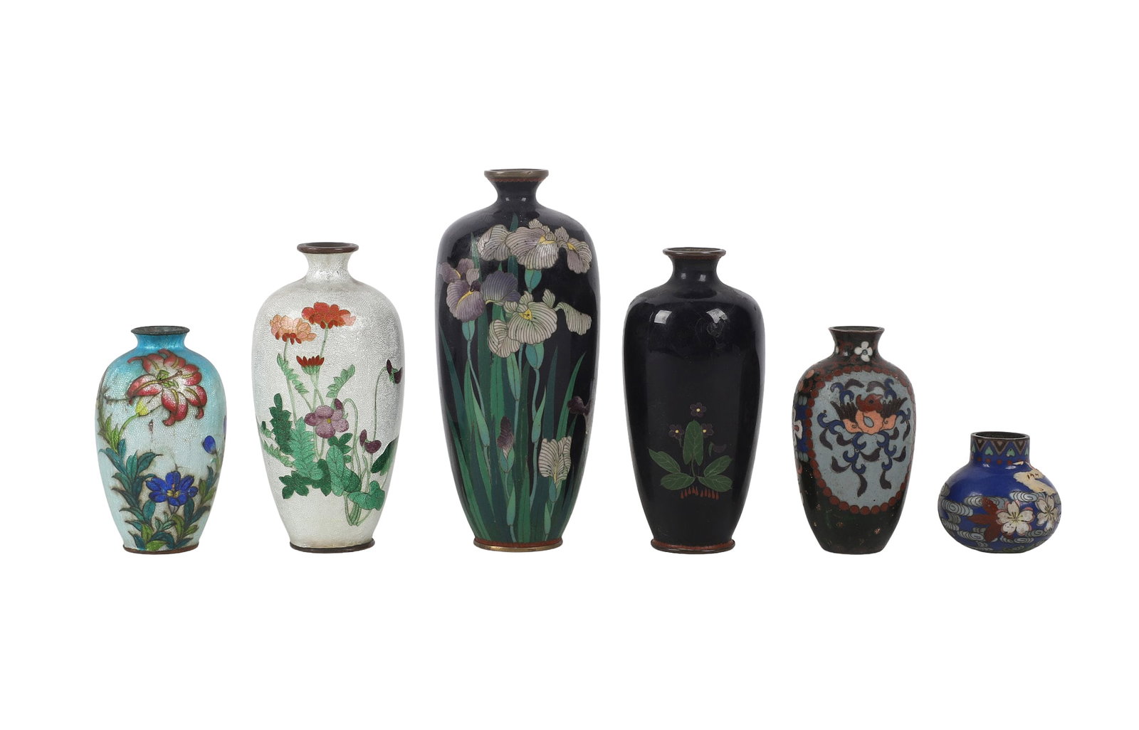 (6) Enamel Cloissone Cabinet Vases: (6) Enamel Cloissone Cabinet Vases (6) Collection of Asian enamel cloissone vases in a variety of sizes & colors. Tallest is 6"H. White enamel vase shows damage