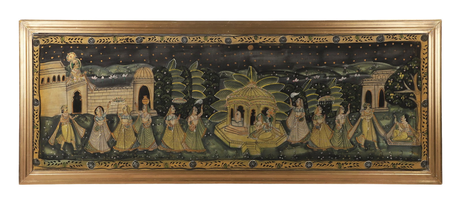 Vintage Rajasthani Pichvai Painting: Vintage Rajasthani Pichvai Painting Traditional depiction of Lord Krishna. Painted on linen. 22" H x 64" W, sight, 26.75" H x 68.5" W, frame.