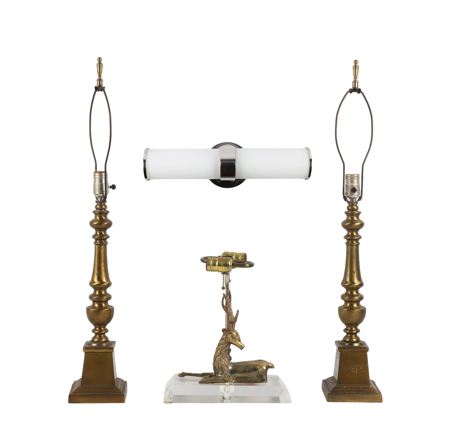 Brass and Modern Light Grouping: Brass and Modern Light Grouping Brass and Modern Light Grouping to include MCM Brass Stag Deer Lamp On Lucite Base, has Leviton Press stamp, measuring 13" tall, Pair of Brass Candlestick Lamps, has Le