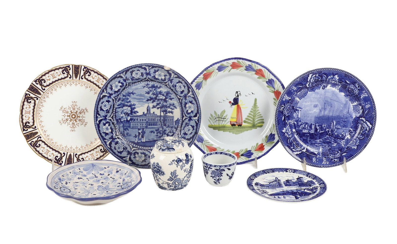 (8) Porcelain Pieces Feat. Blue & White: (8) Porcelain Pieces Feat. Blue & White (8) mixed pieces of vintage & antique porcelain set to include (1) 9 3/4" Historical Ridgeway blue transferware plate depicting New York City Hall (chipped rim)