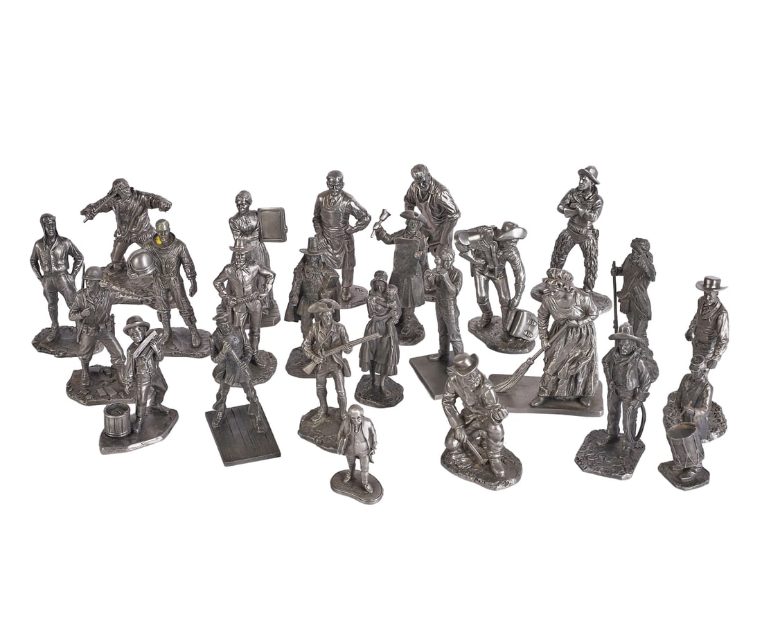 (24) American Sculpture Society Pewter Collection: (24) American Sculpture Society Pewter Collection (23) American Sculpture Society pewter figurines featuring pieces from Mico Kaufman's 'Legendary Americans' line. Lot includes: 1) Blacksmith 2) India