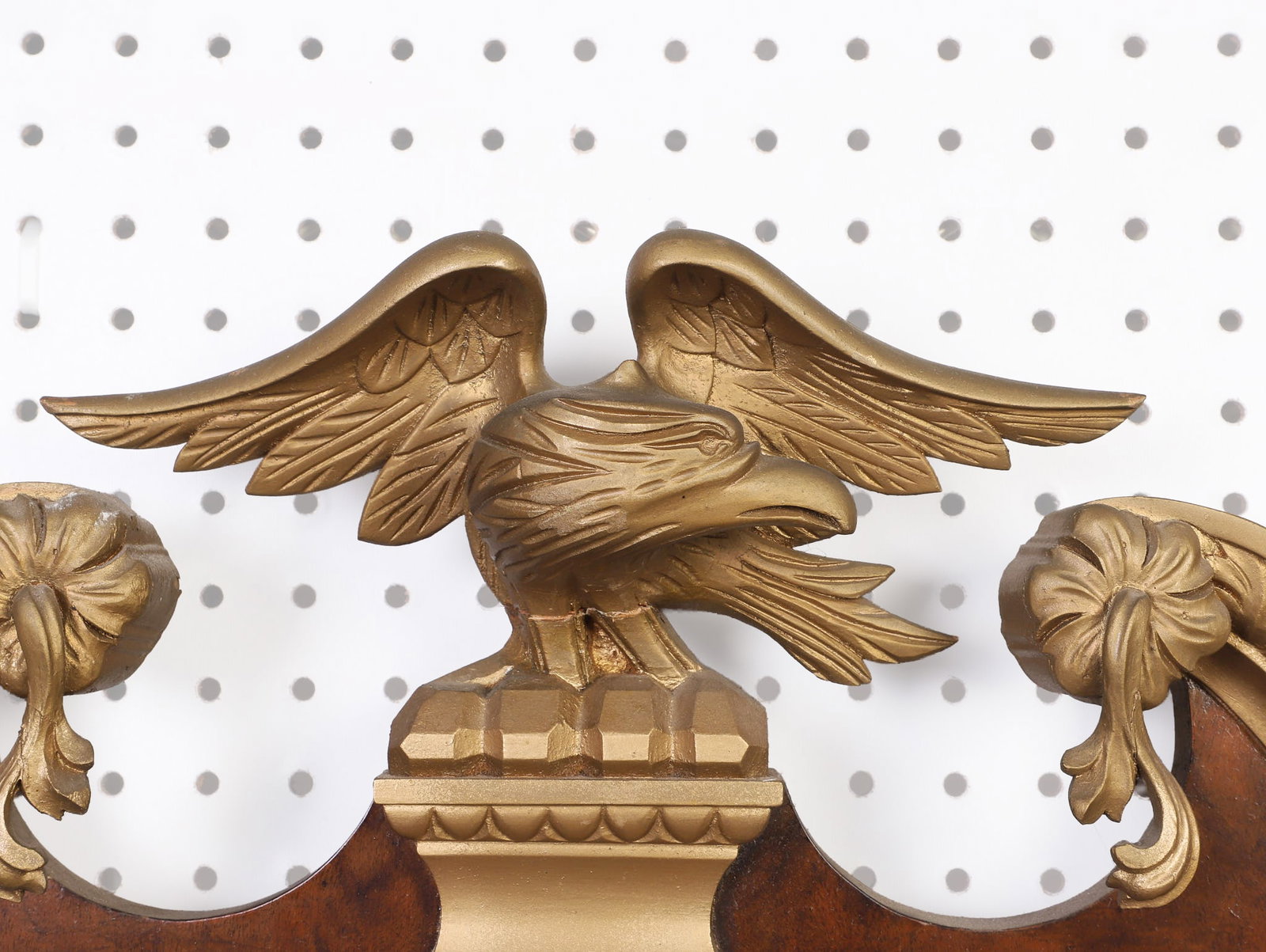 Chippendale Style Federal Eagle Mirror: Chippendale Style Federal Eagle Mirror Parcel gilt mahogany frame mirror with broken arch pediment flanking a carved eagle. 50.5" H x 28.5" W