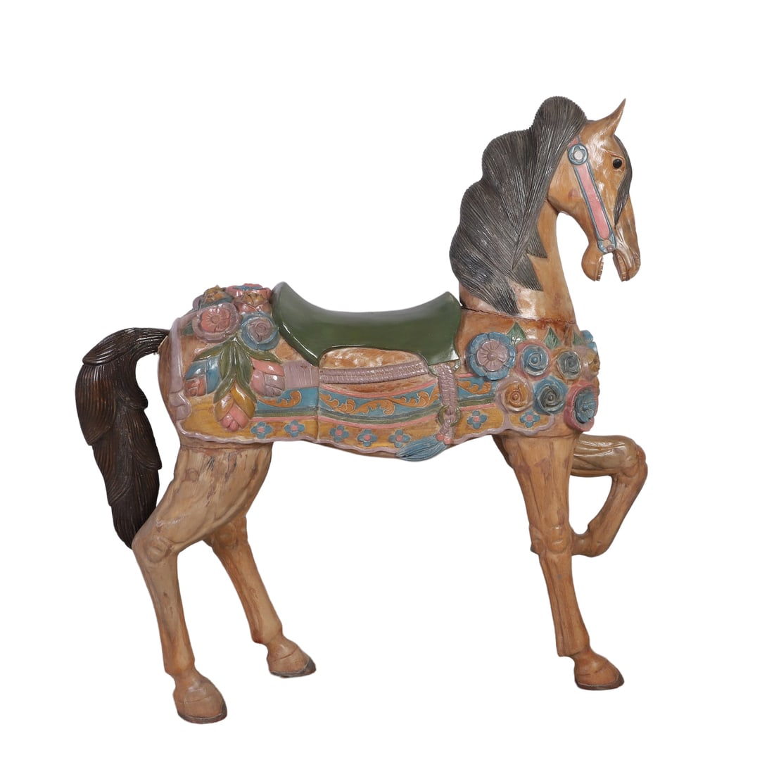Composite Carousel Horse: Composite Carousel Horse Figural Carved Wood Carousel Horse Reproduction. Free standing but should be secured. Comes with associated wood base. Size: 54" H x 48" W x 13" D, horse, 60" x 21" plank base