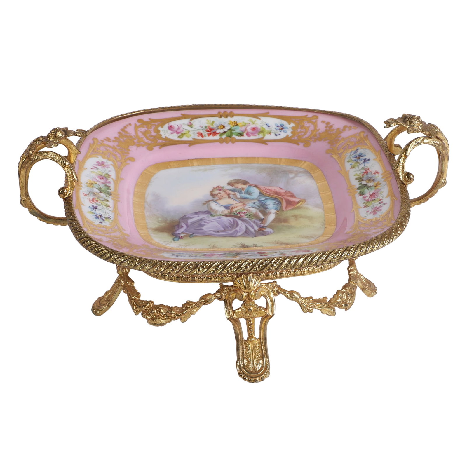 Sevres Porcelain & Bronze Mounted Plate: Sevres Porcelain & Bronze Mounted Plate Hand painted Sevres porcelain plate mounted to gilt bronze base, scene of a young couple, makers mark on underside. 11 3/4"l x 9 1/4"w x 6"