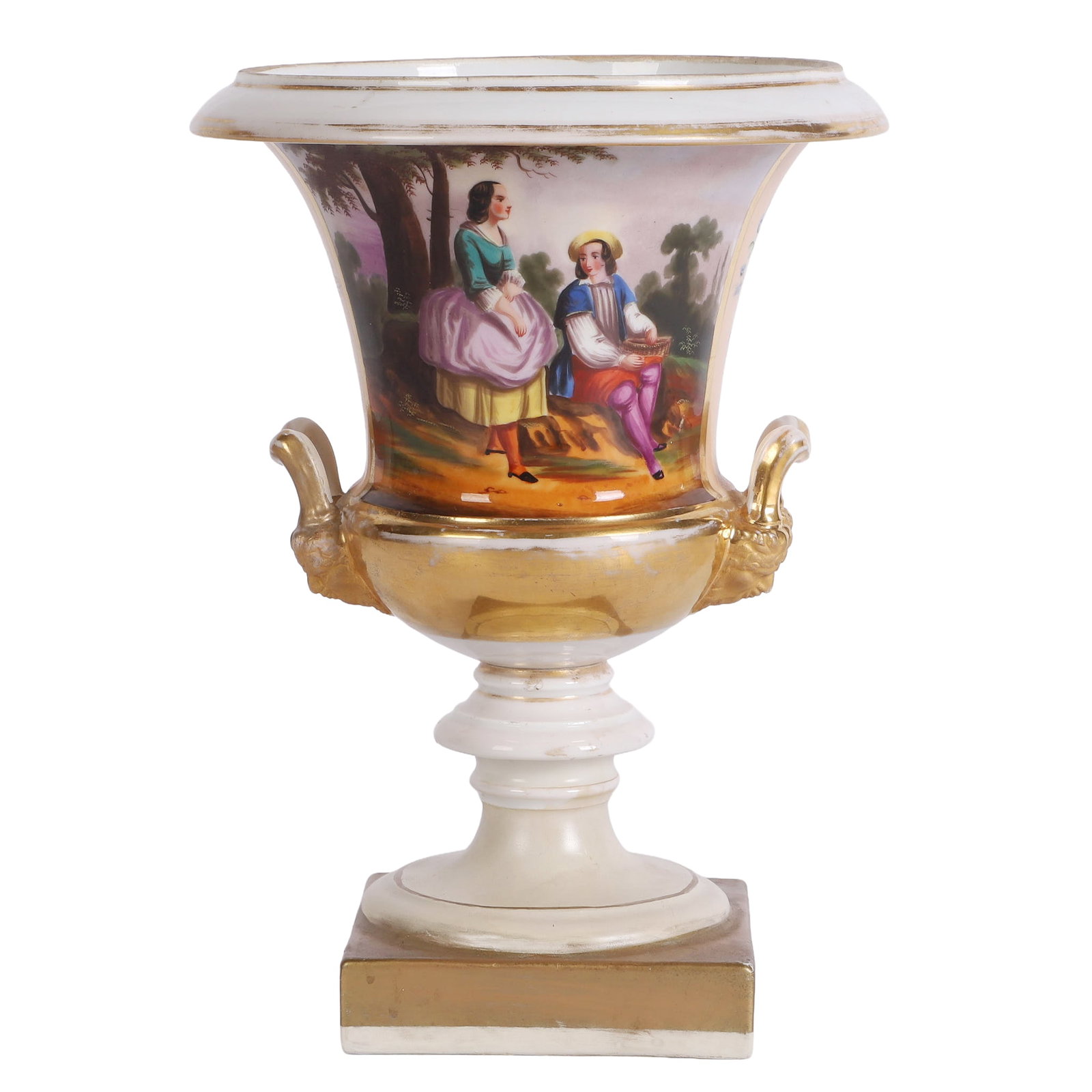 French Hand Painted French Campana Vase: French Hand Painted French Campana Vase Antique French porcelain hand painted Campana vase featuring a scene of young love on the face and floral decoration on the reverse. Figural handles, gilt finis
