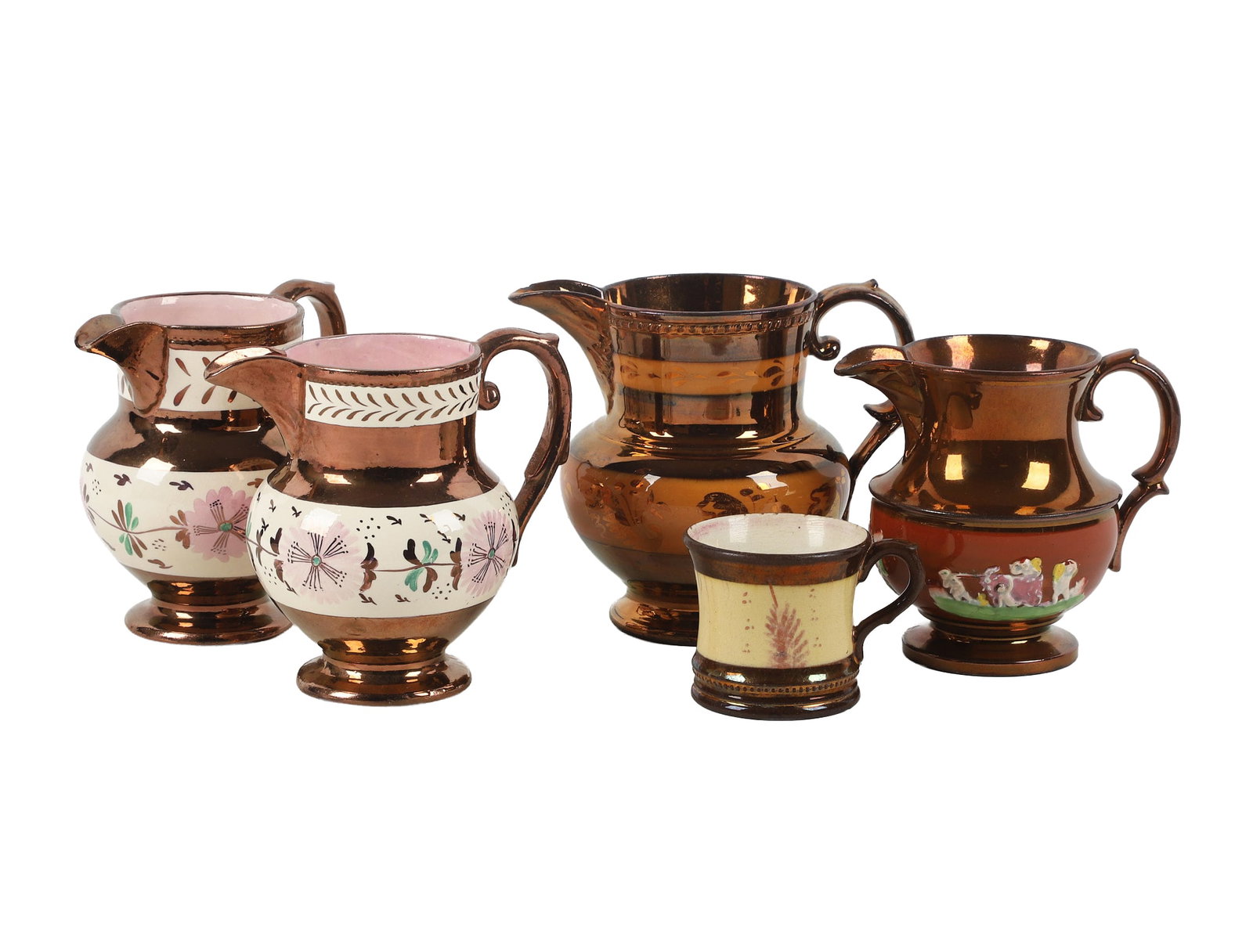 (5) Collection of Copper Lusterware: (5) Collection of Copper Lusterware (5) Collection of antique porcelain copper lusterware. Features (4) pitchers with two matching and marked Cumbow 1941 paired with two antique pitchers, likely Staff