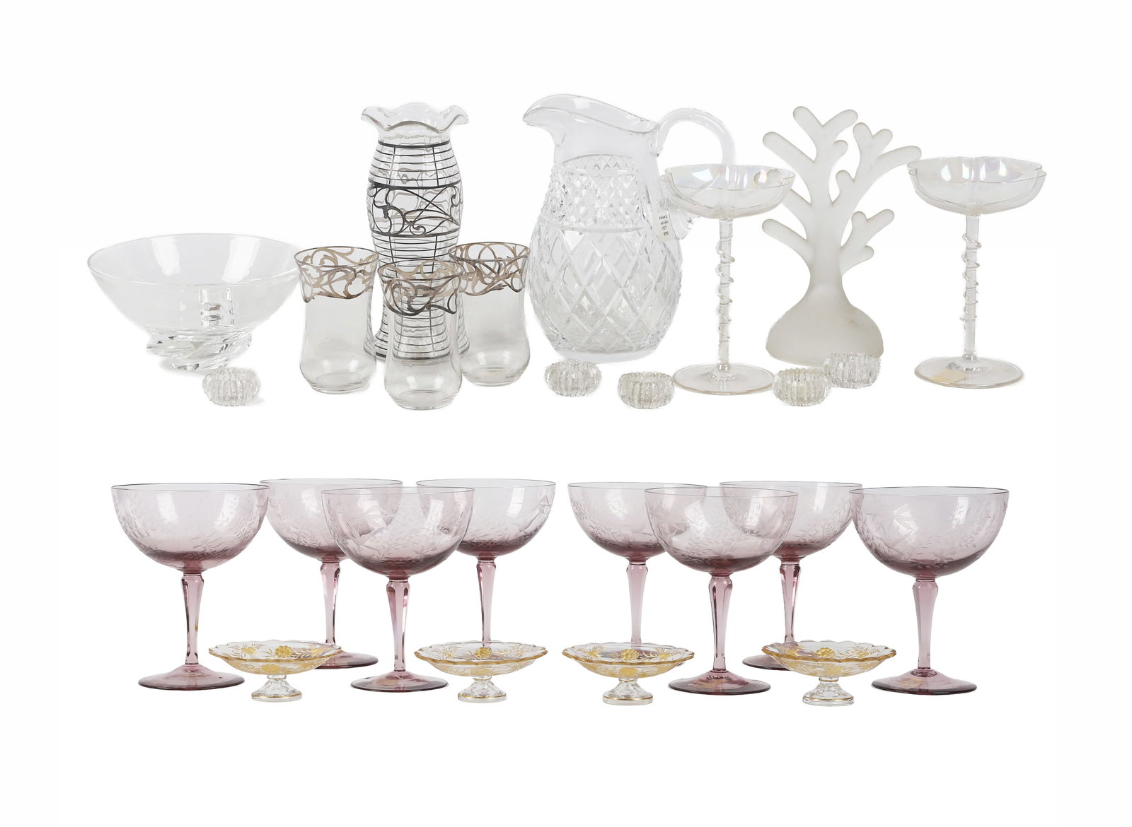(26) Variety Crystal, Cut Glass, Stemware & More: (26) Variety Crystal, Cut Glass, Stemware & More (26) Variety lot of fine glassware set to include: 1) (8) 6 1/2"H champagne stemware goblets with cut floral & bird design work. 2) (2) Scalloped rim c