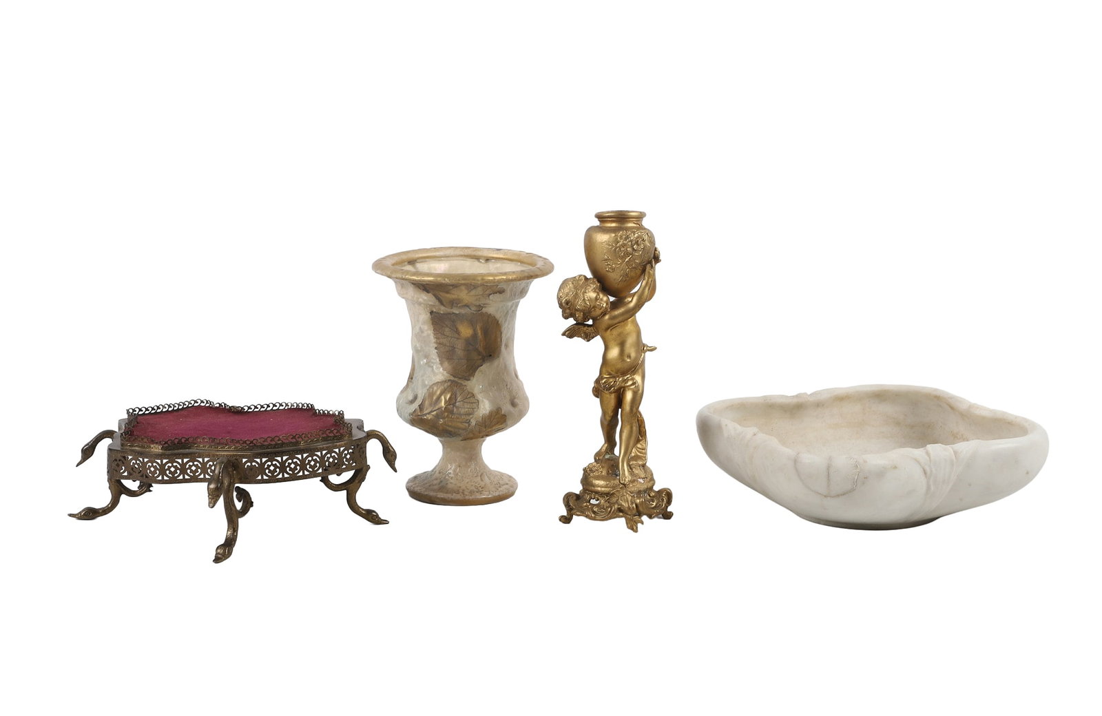 (4) Art Nouveau Decorative Arts: (4) Art Nouveau Decorative Arts (4) Lot of Art Nouveau style art to include: 1) 7 3/4"H Teplitz footed vase. 2) 9"W marble bowl with lily pattern. 3) 10"H cast metal cherub carrying ewer. 4) 8 3/4"W x