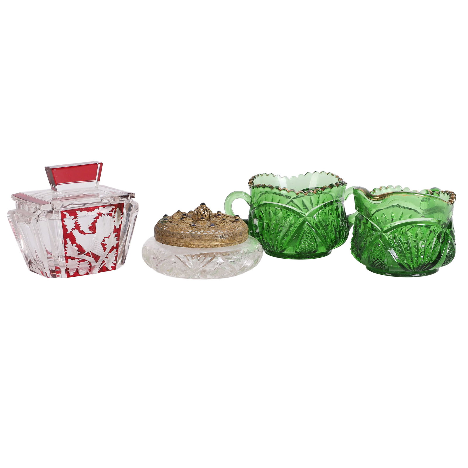 (4) Glass & Crystal Feat. Karl Palda: (4) Glass & Crystal Feat. Karl Palda (4) Early 20th c. glass featuring Karl Palda cranberry cut to clear lidded vanity jar. Also includes a gilt metal & crystal jeweled powder jar and a vibrant green
