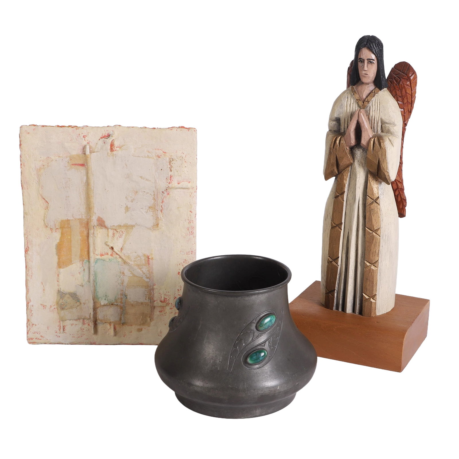 (3) Eclectic Art Lot Angel: 14"h. Art on Board: 7 1/2" x 10". Vase: 6 1/4"w x 5 1/4"h: (3) Eclectic Art Lot 1) Signed Puerto Rican 'Angel Guardian' carved/painted wood statue. 2) Abstract on board, signed veso. 3) Arts & crafts pewter vase with gemstone accents. Angel: 14"h. Art on Boar
