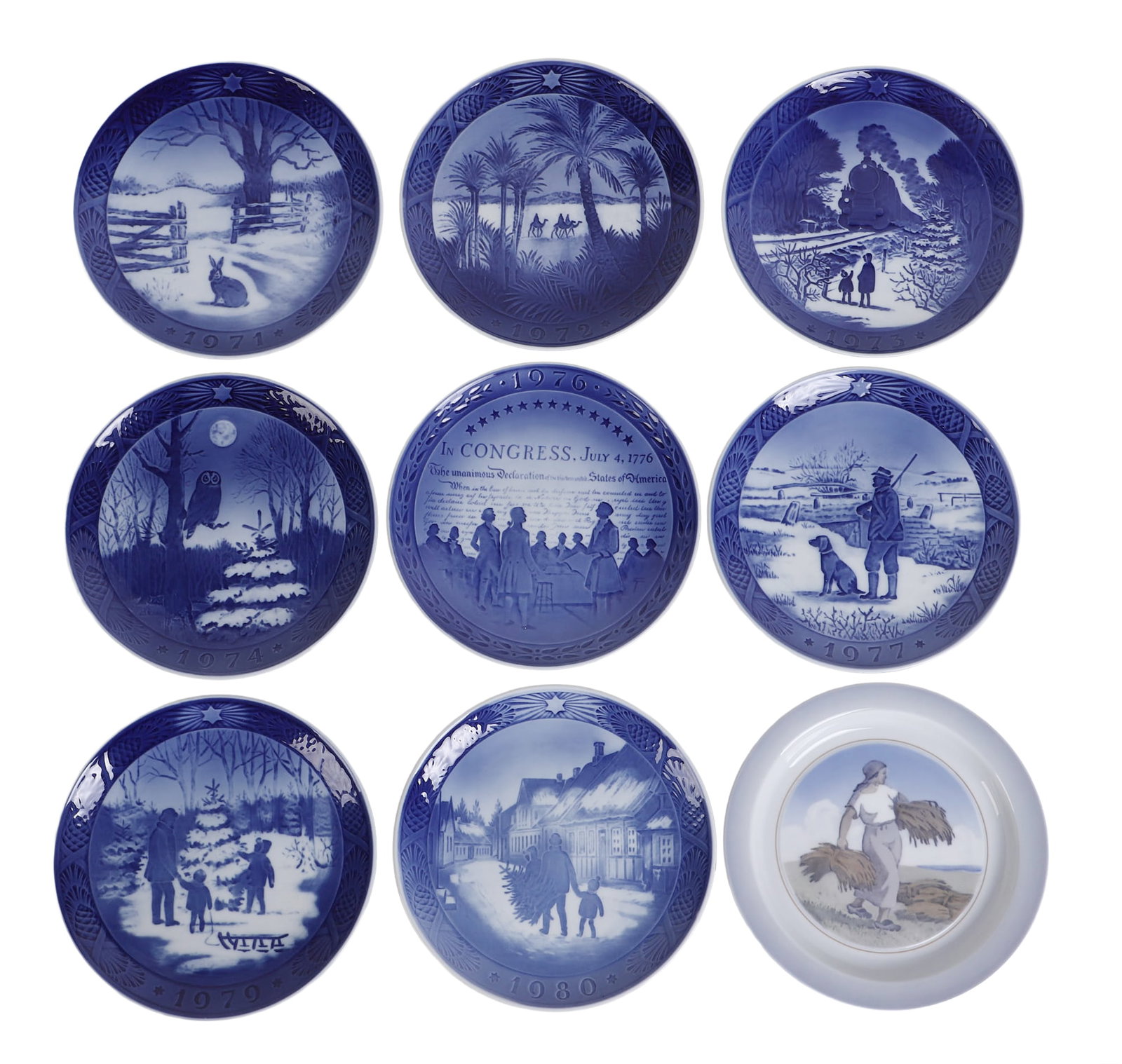 (9) Royal Copenhagen Plates All approx. 7 1/4": (9) Royal Copenhagen Plates (9) Royal Copenhagen plates including (8) vintage dated Christmas plates (1971-1974, 1976-1977, 1979-1980) and one of a woman harvesting wheat. All approx. 7 1/4"