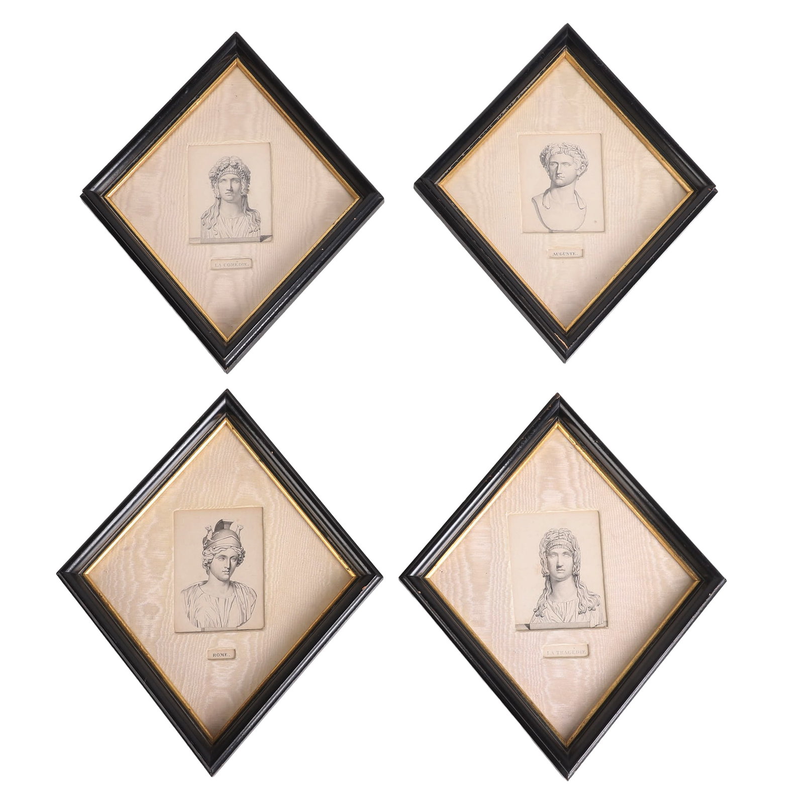(4) Vintage Etchings in Diamond Frames: (4) Vintage Etchings in Diamond Frames Collection of (4) vintage etchings of classical Roman busts titled 'Rome', 'Auguste', 'La Comedie' and 'La Tragedie'. Each in unique diamond gilt frames