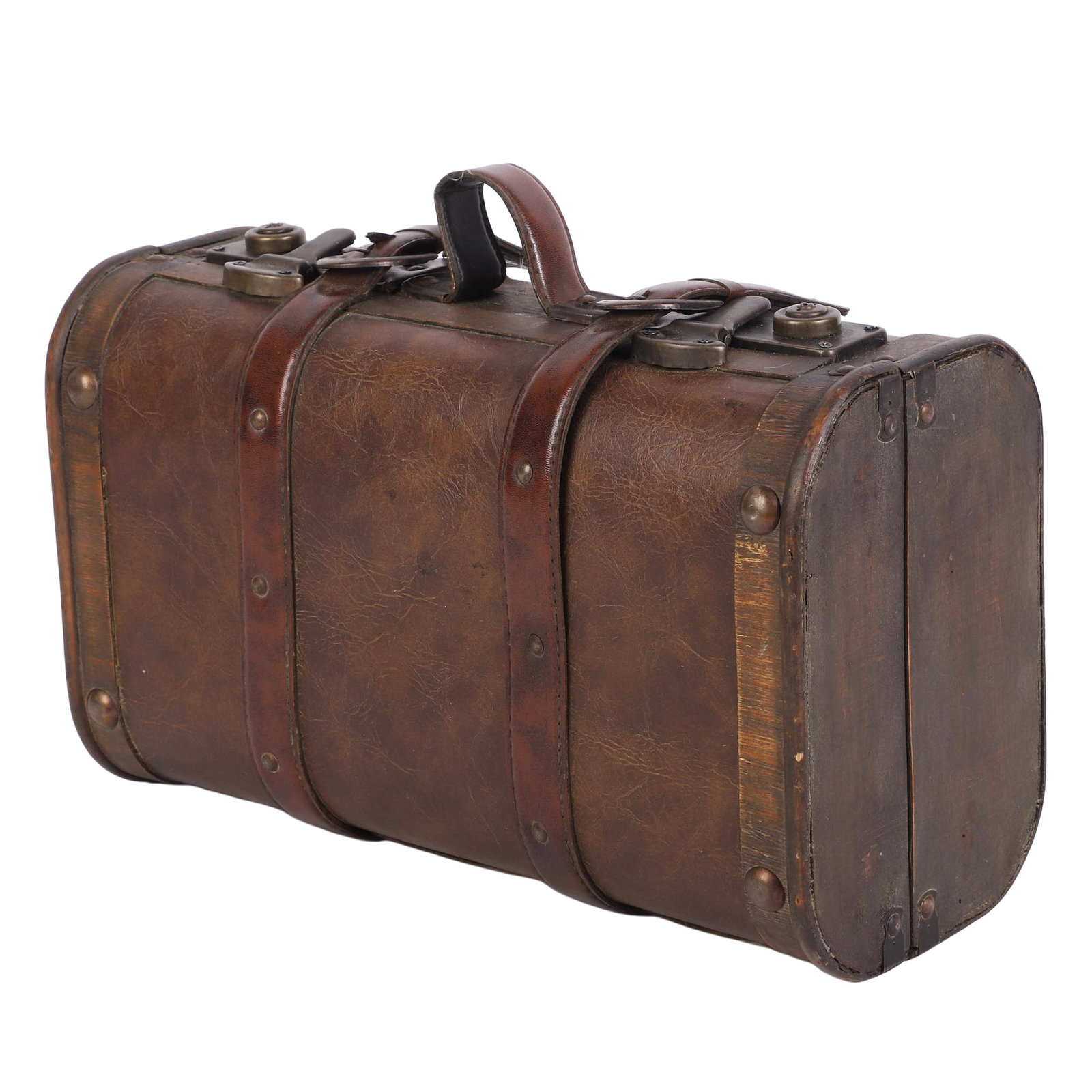 Leather Doctor's Bag/Small Suitcase: Leather Doctor's Bag/Small Suitcase Leather over wood doctor/specialist's miniature trunk. Studded, no key, wear with age/some straps loose. marked 'SL' on latch 11"H x 15 1/2"W x 6 1/2"L