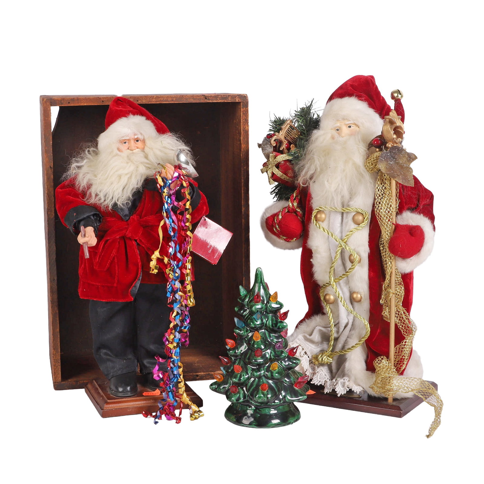(4) Christmas W/ Antique Crate: (4) Christmas W/ Antique Crate (2) Santa Figures (Tallest 19 1/2"H), ceramic mold Christmas tree (8 1/2"H), and American Cyanamid Co. crate (17 3/4" x 12 1/2")