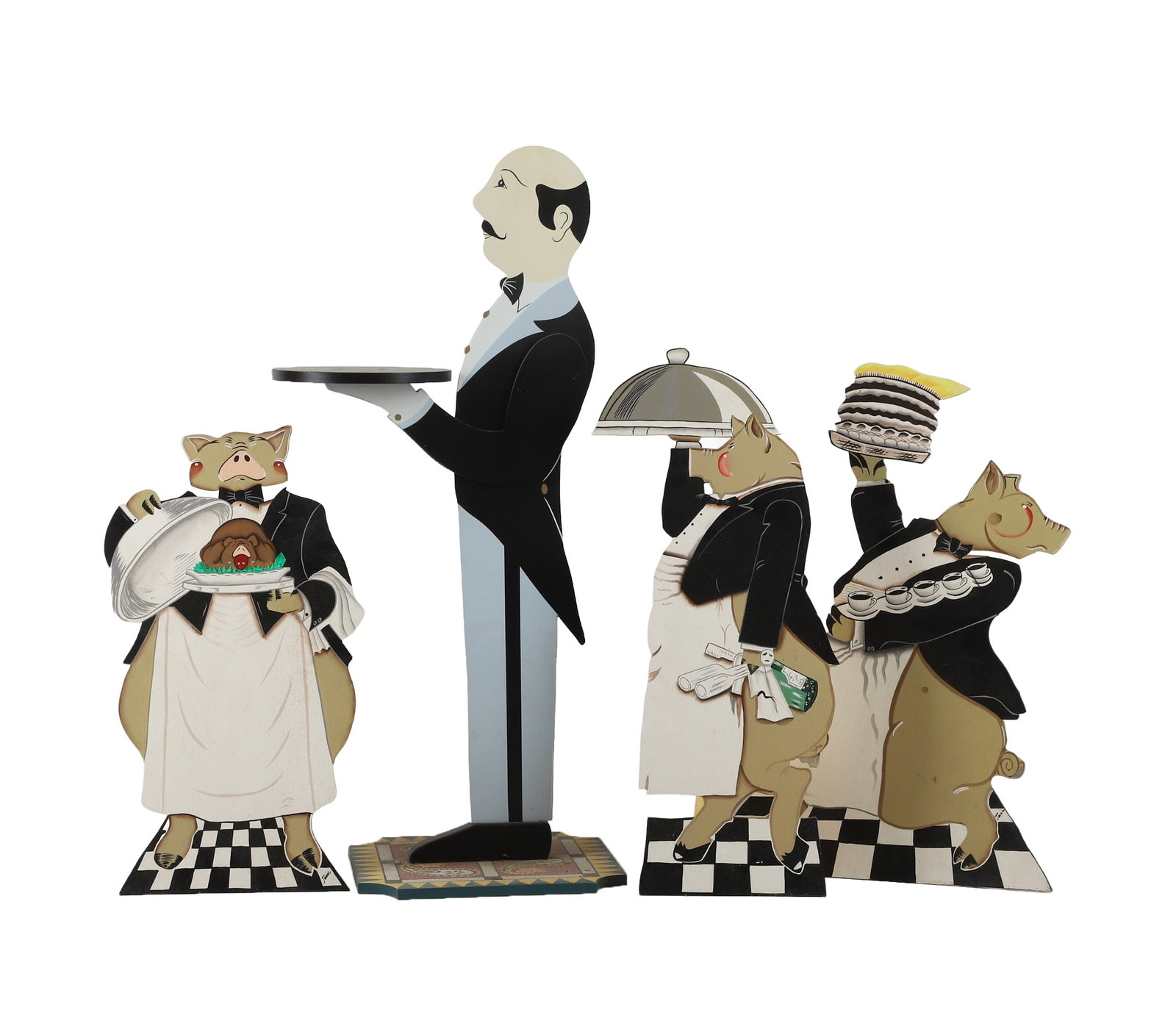 (4) Painted Folk Art Restaurant Figures: (4) Painted Folk Art Restaurant Figures (4) Painted wooden restaurant themed figured including pig waiter/chef figures, pig waiter holding a serving tray and a waiter holding a serving tray attached
