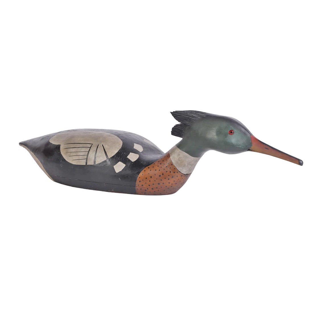 Merganser Duck Decoy 35 1/2"l x 9 3/8"w x 8 1/2"h: Merganser Duck Decoy Decorative merganser duck decoy, flat bottom, bead eyes, hand painted but unsigned. 35 1/2"l x 9 3/8"w x 8 1/2"h 35 1/2"l x 9 3/8"w x 8 1/2"h