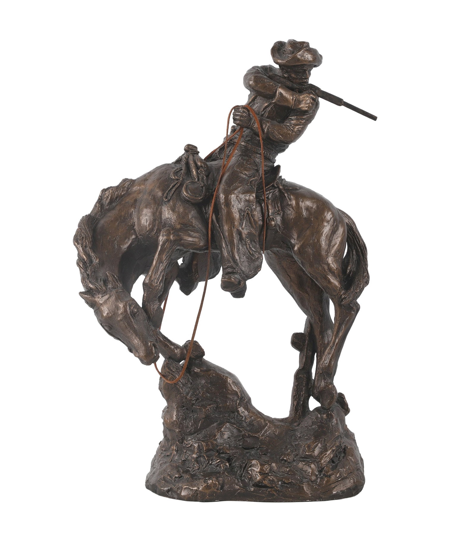 After Remington by Austin Productions 'The Rattler' Statue 10"l x 8"w x 21"h: After Remington by Austin Productions 'The Rattler' Statue After Remington 'The Rattler' bronze/resin cast statue of a classic American cowboy from Austin Productions, dated 1978. Figure carries a