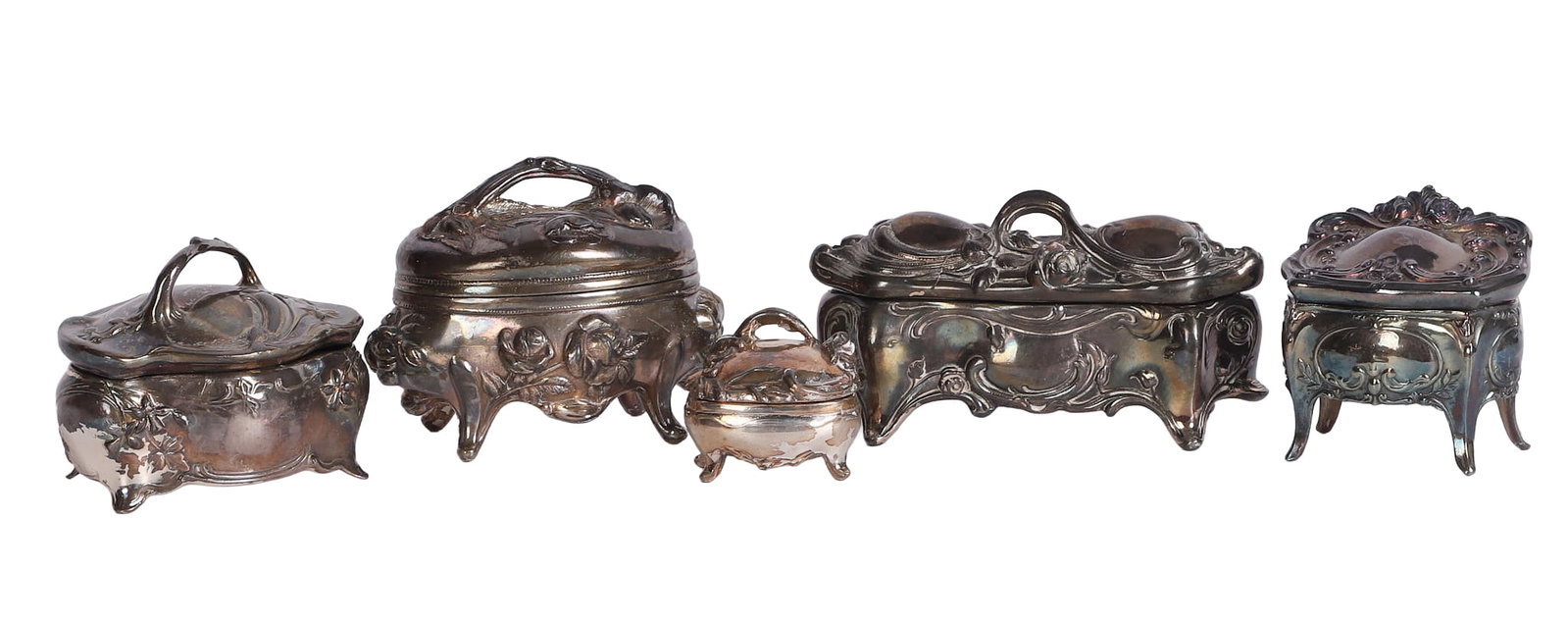(5) Art Nouveau Casket Trinket Boxes: (5) Art Nouveau Casket Trinket Boxes (5) Collection of Art Nouveau style casket trinket boxes in a variety of styles, various makers marks with the majority from JB. One with unattached lid. Longest