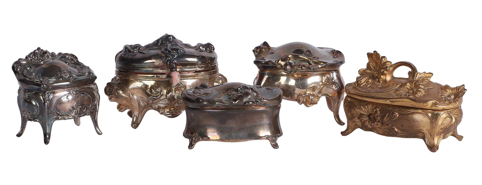 (5) Art Nouveau Casket Trinket Boxes: (5) Art Nouveau Casket Trinket Boxes (5) Collection of Art Nouveau style casket trinket boxes in a variety of styles, various makers marks with the majority from JB. Longest measures 4 1/2""L,