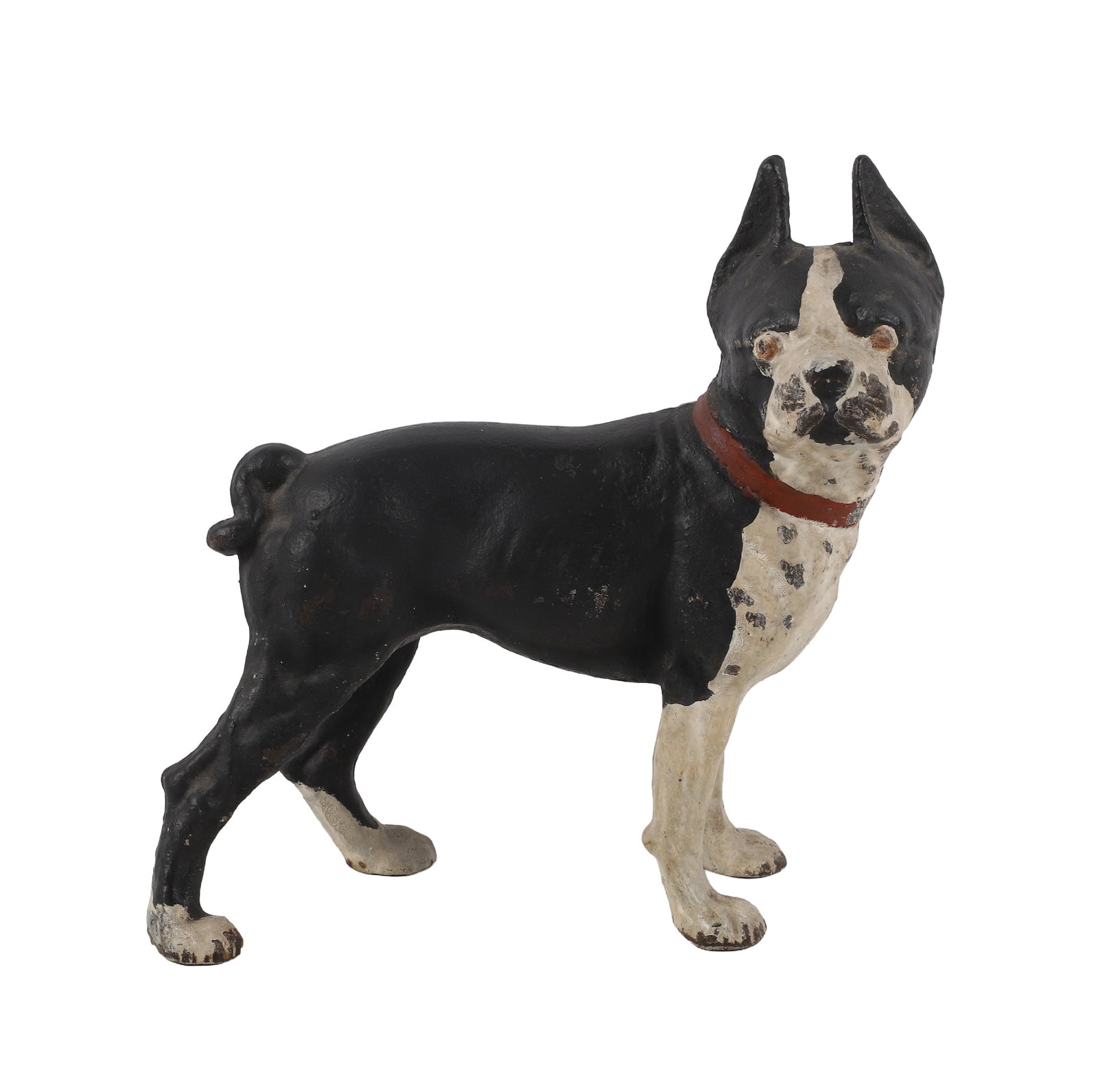 Antique Hubley Boston Terrier Doorstop: Antique Hubley Boston Terrier Doorstop Antique Hubley cast iron Boston Terrier doorstop. Some wear to paint about face and feet. 9"L x 9 3/4"H