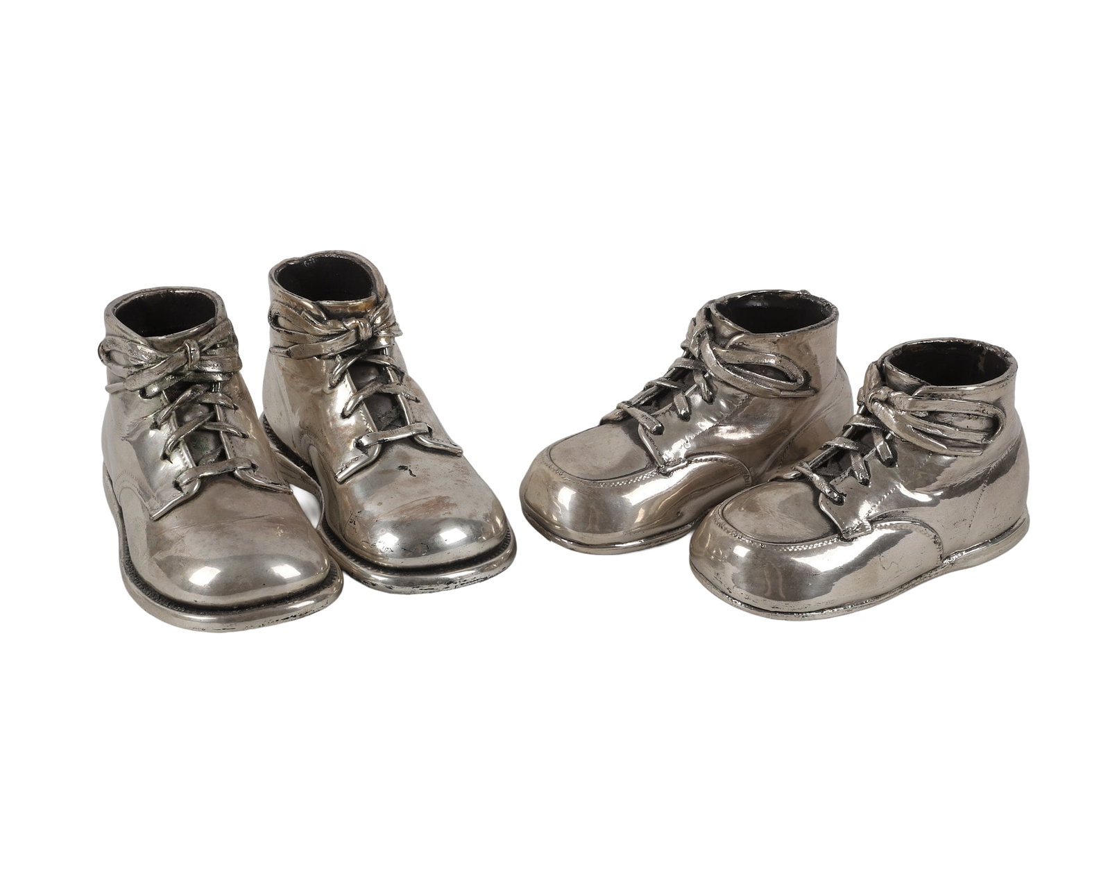 (2) Pairs Silvered Baby Shoes: (2) Pairs Silvered Baby Shoes (2) Pairs of silvered baby shoes, larger 5 3/4"L.