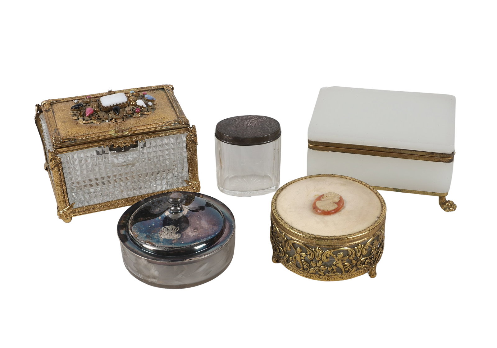 (5) Vanity Top Boxes & Catches: (5) Vanity Top Boxes & Catches (5) Lot of vanity top boxes including a 3"H cut glass with monogrammed sterling silver lid, 6"W x 4 1/2"L opaque glass with clawed feet, vintage West German box with gem