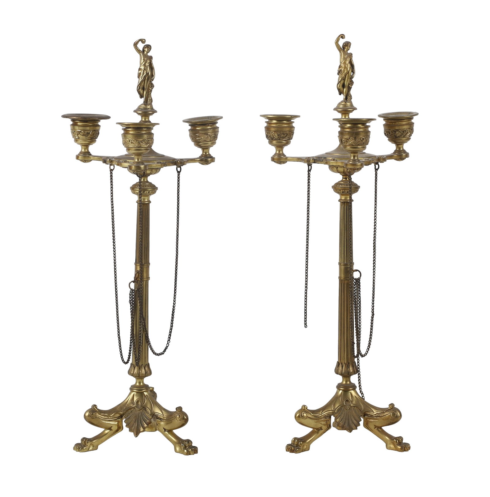 Pair of Grand Tour Style Tripod Candelabras: Pair of Grand Tour Style Tripod Candelabras Pair of Grand Tour style tripod candelabras with clawed feet, 3 arms, and figural topper. 16" H