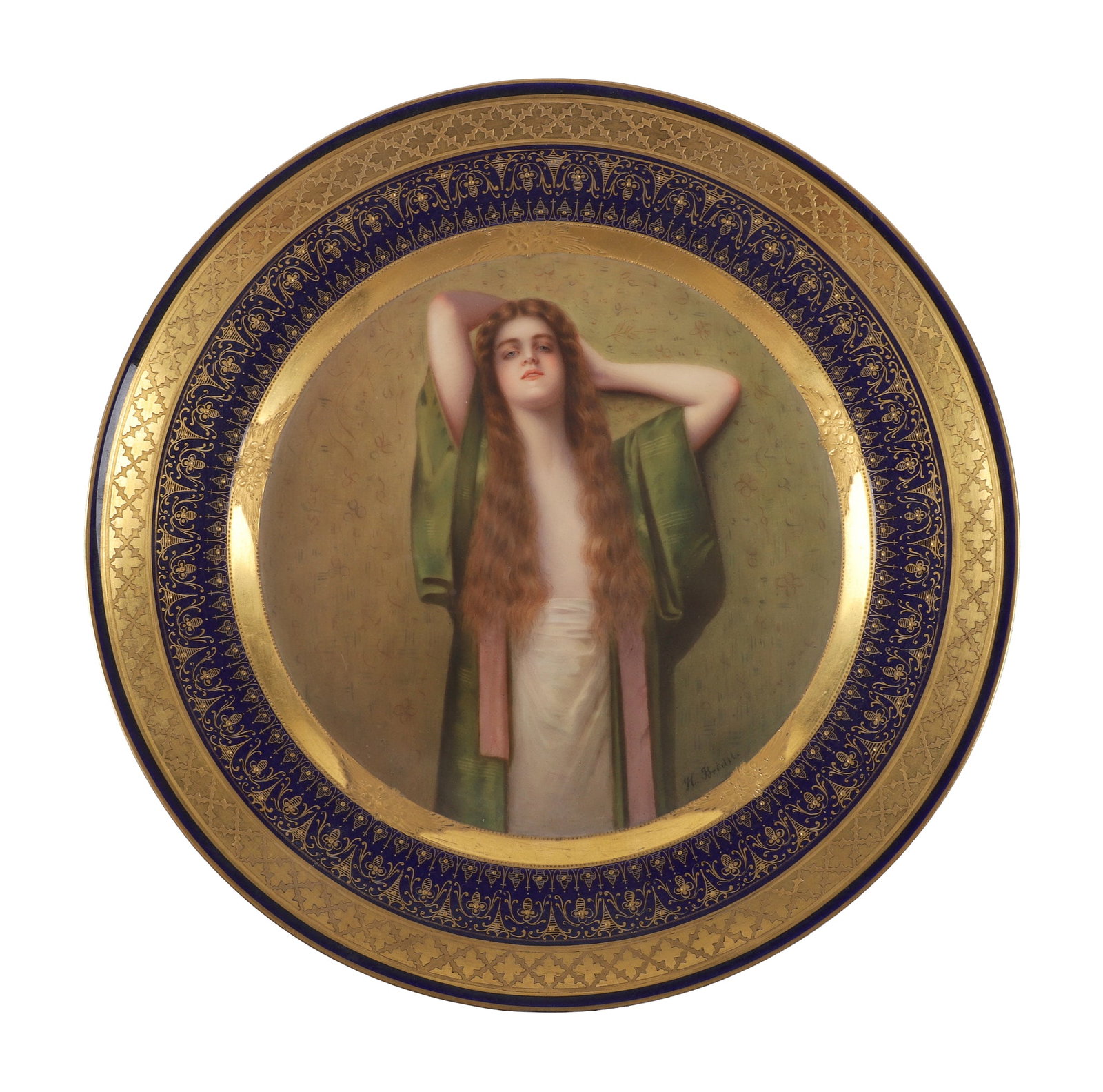 Royal Vienna Portrait Plate: Royal Vienna Portrait Plate Royal Vienna porcelain portrait plate of a red haired woman, gilt & cobalt rim, signed what appears 'H. Bridil' 9 1/2"W