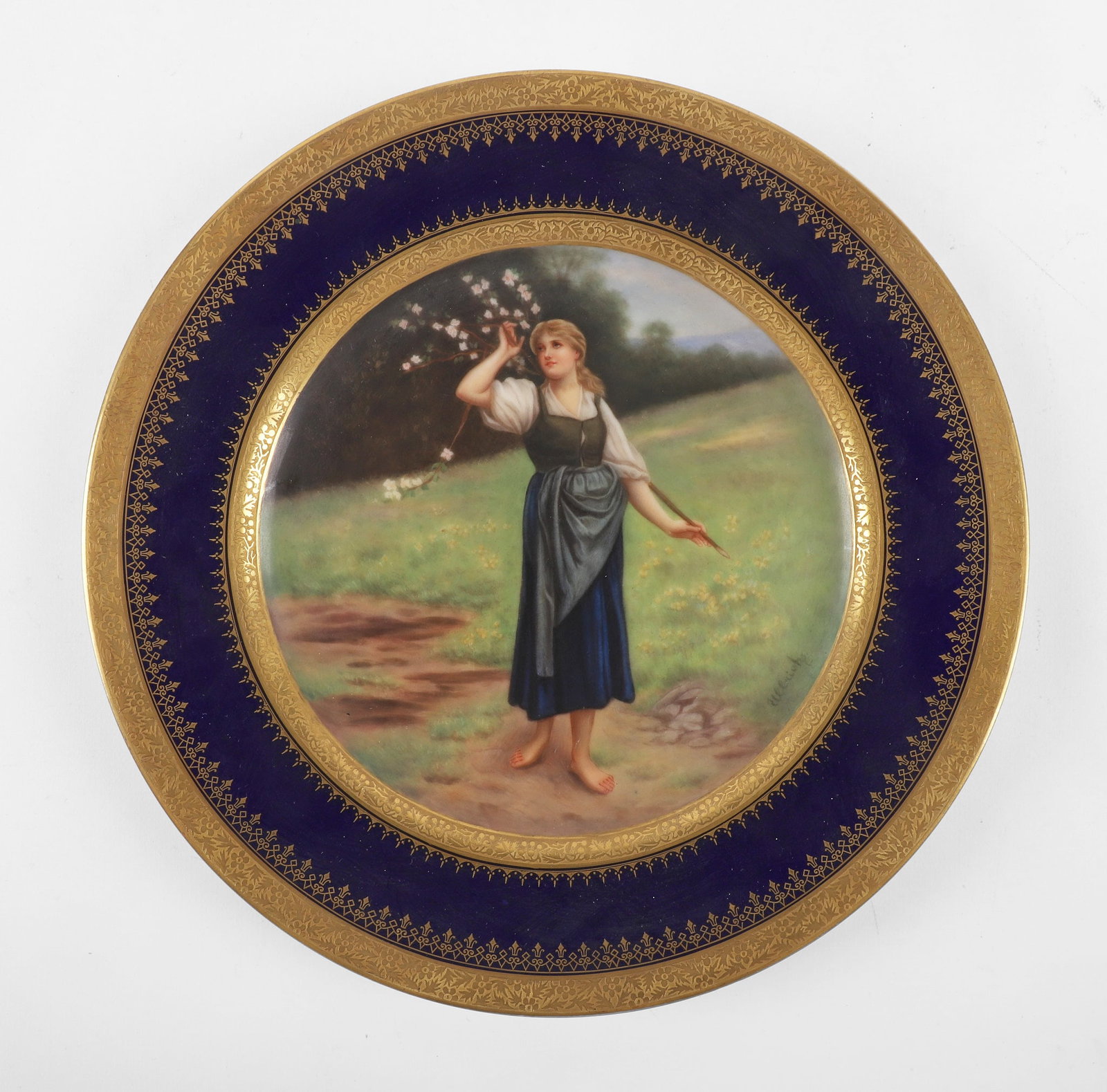 Royal Vienna Portrait Plate: Royal Vienna Portrait Plate Royal Vienna porcelain portrait plate of a woman in a field, gilt & cobalt rim, signed what appears 'Ulbrich' 9 1/2"W