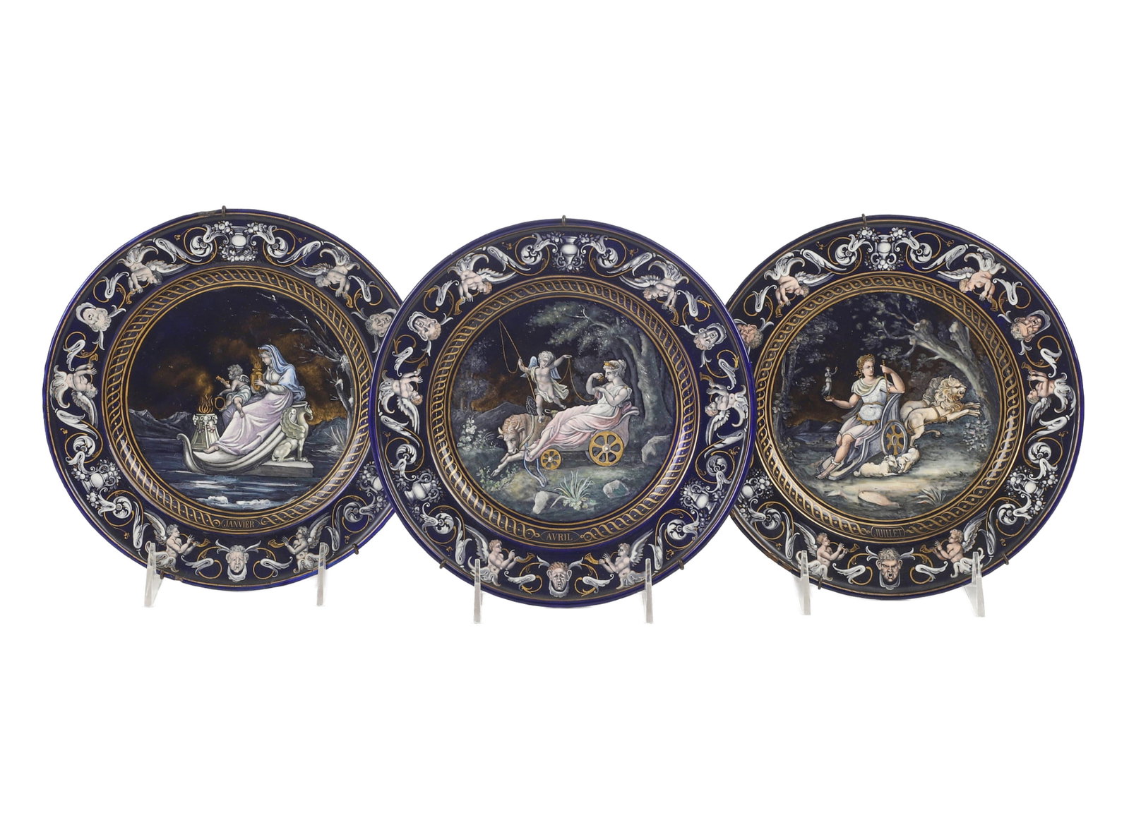 (3) Neoclassical Tin Enamel Wall Plates: (3) Neoclassical Tin Enamel Wall Plates Set of (3) Neoclassical style tin enamel calendar plates. each for month, including January (Janvier), April (Avril) & July (Juillet). Each 8 3/8"