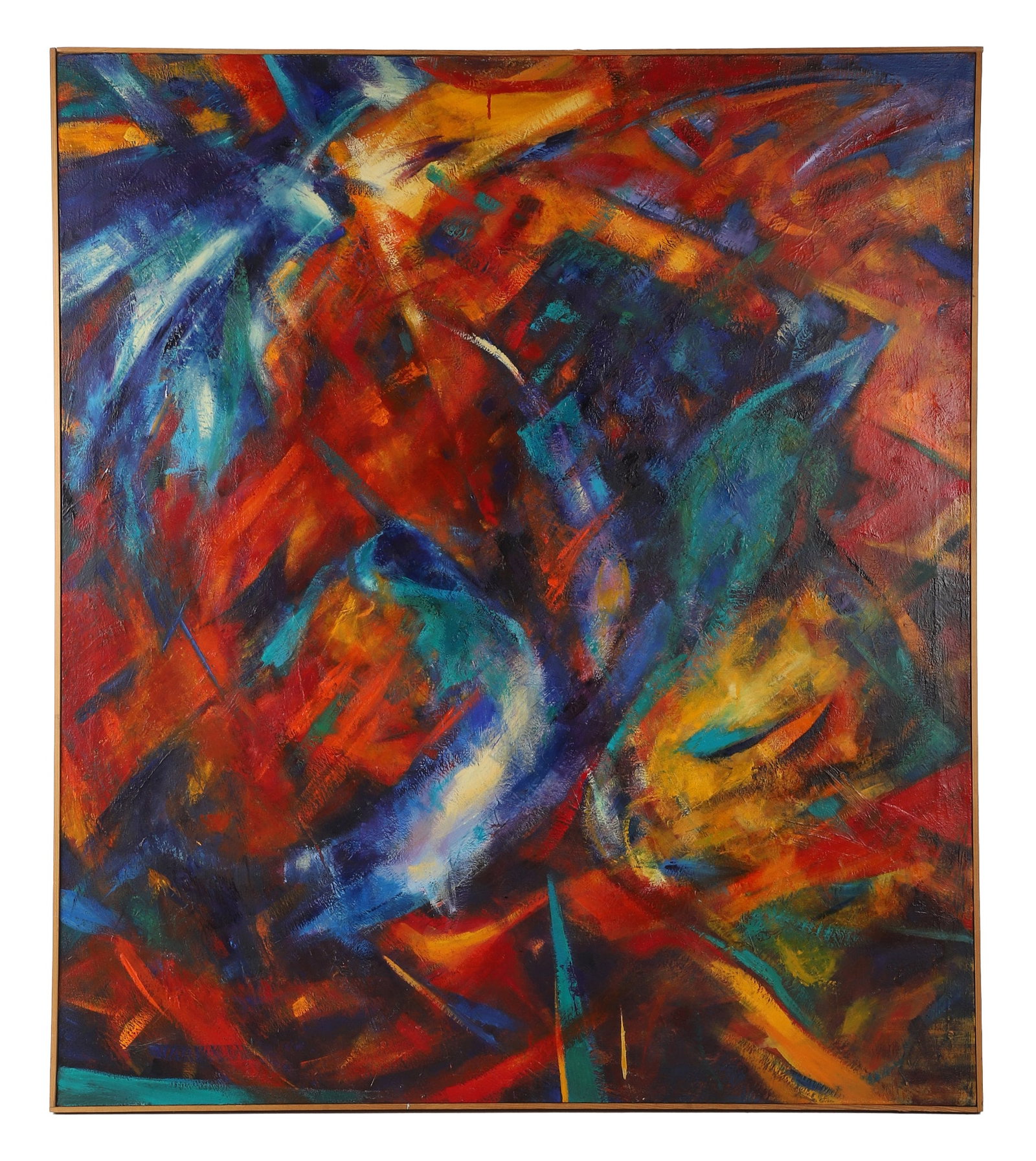 Modernist Abstract Painting: Modernist Abstract Painting Dynamic movement composition. Oil on canvas. Artist unknown. Lathe frame. 48" H x 42" W stretcher.