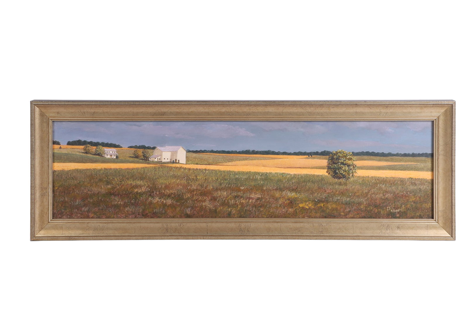 Bruce J. Peeso (American, b.1951) Painting: Bruce J. Peeso (American, b.1951) Painting An untitled Plein Aire farmstead painting. Oil on masonite board. Signed lower right corner. 7.5" H x 29.5" W, sight. 10.75" H x 32.75" W, frame.