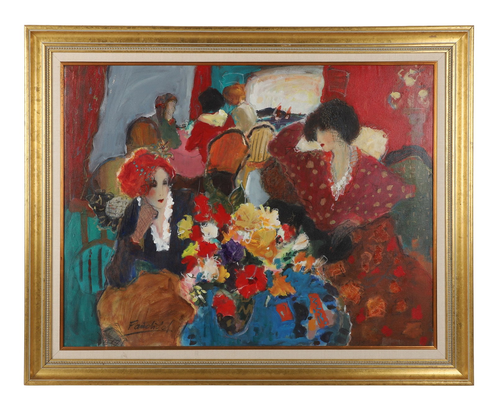 Roy Fairchild-Woodward (English, b.1953), Cafe Cresp: Roy Fairchild-Woodward (English, b.1953), Cafe Cresp Signed lower left corner and inscribed on reverse. Oil on canvas. 27.75" H x 36.25" W, sight. 34.75" H x 43.25" W, frame.