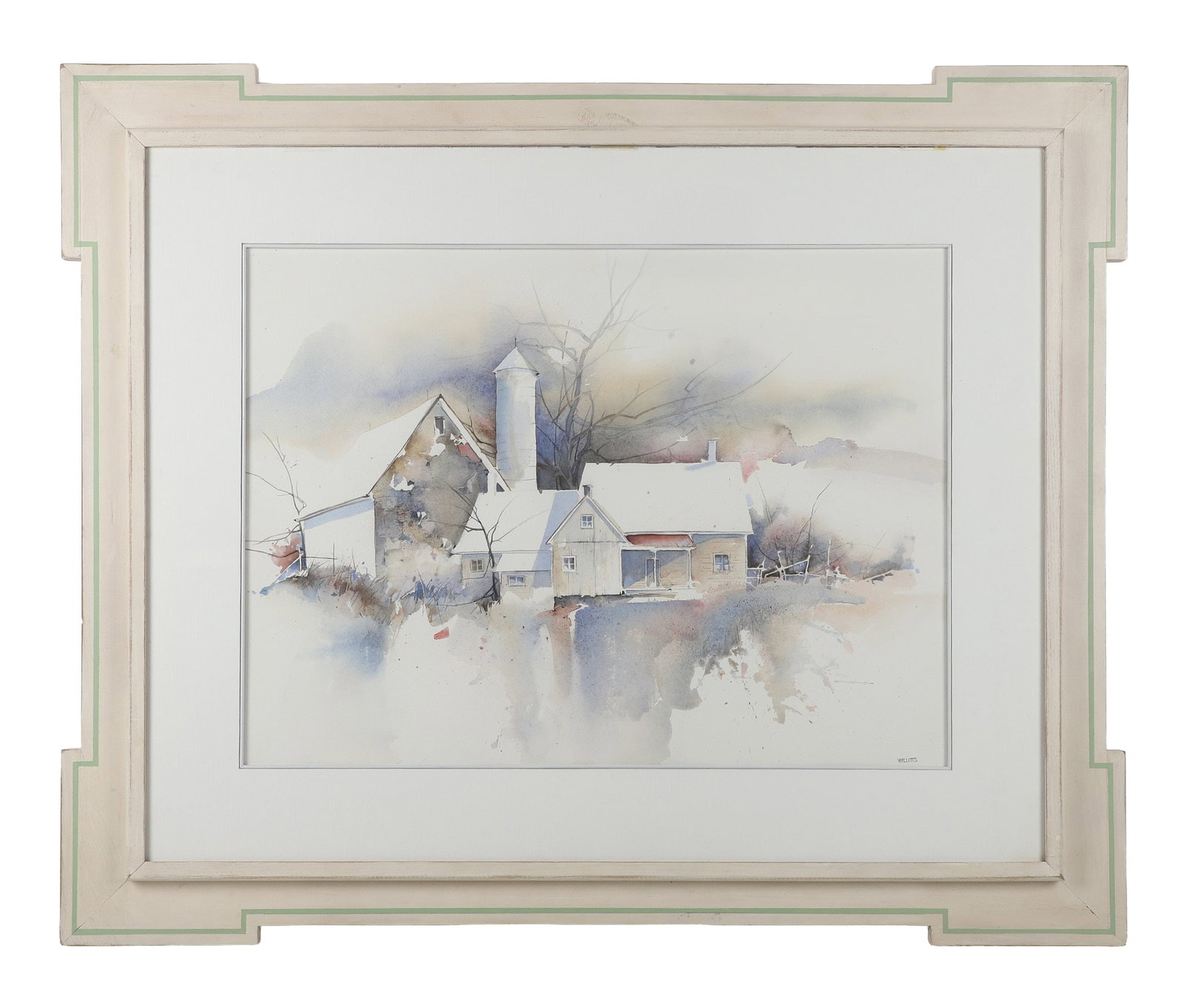 Carolyn Willitts (American, 20th C) Farmstead Watercolor: Carolyn Willitts (American, 20th C) Farmstead Watercolor Custom framed pastoral farmstead watercolor painting. Signed lower right corner. 21.5" H x 28.5" W, sight. 36.5" H x 44.5" W, painted plywood f
