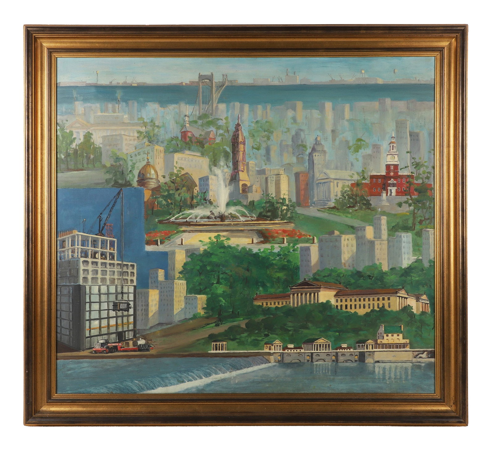 Vintage Philadelphia Landmarks Painting: Vintage Philadelphia Landmarks Painting Artist unknown. Featuring views of City Hall, the Swann Fountain, Independence Hall, The Philadelphia Art Museum, the Water Works, and the construction of a new